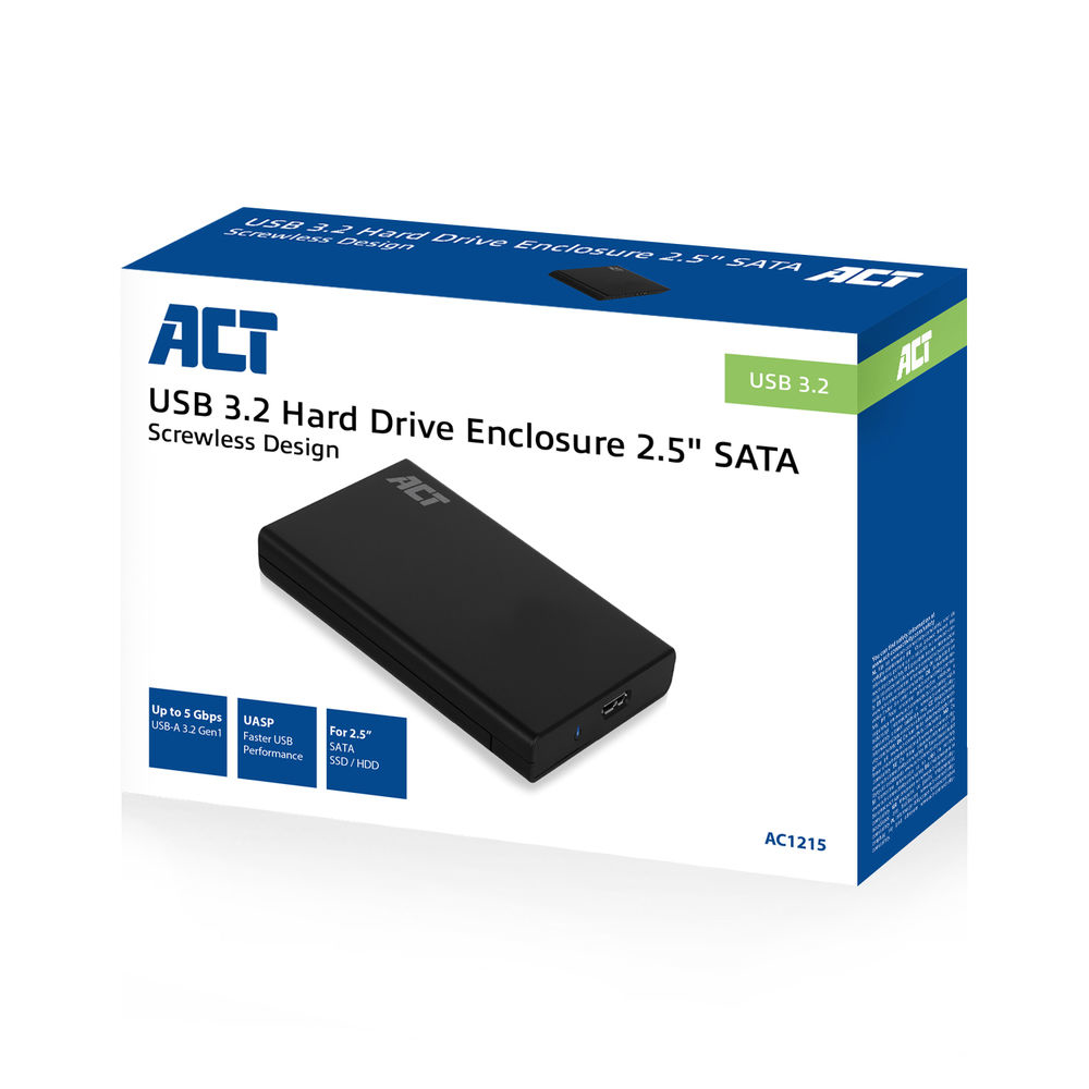 Verpackte schwarze externe Festplatte mit Produktdetails auf weißem Hintergrund.