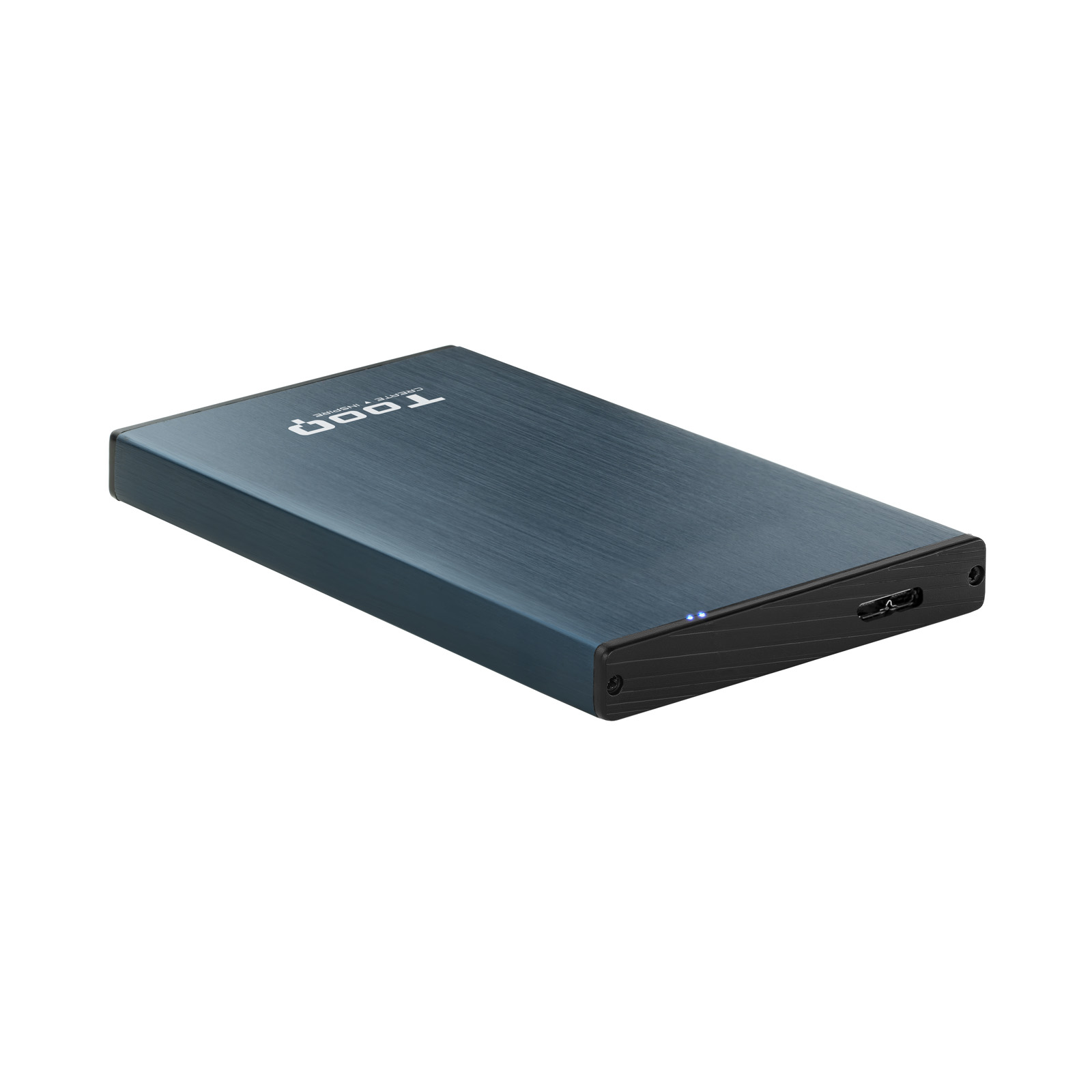 Disco duro externo azul-gris. La unidad tiene un puerto USB y una pequeña luz LED.