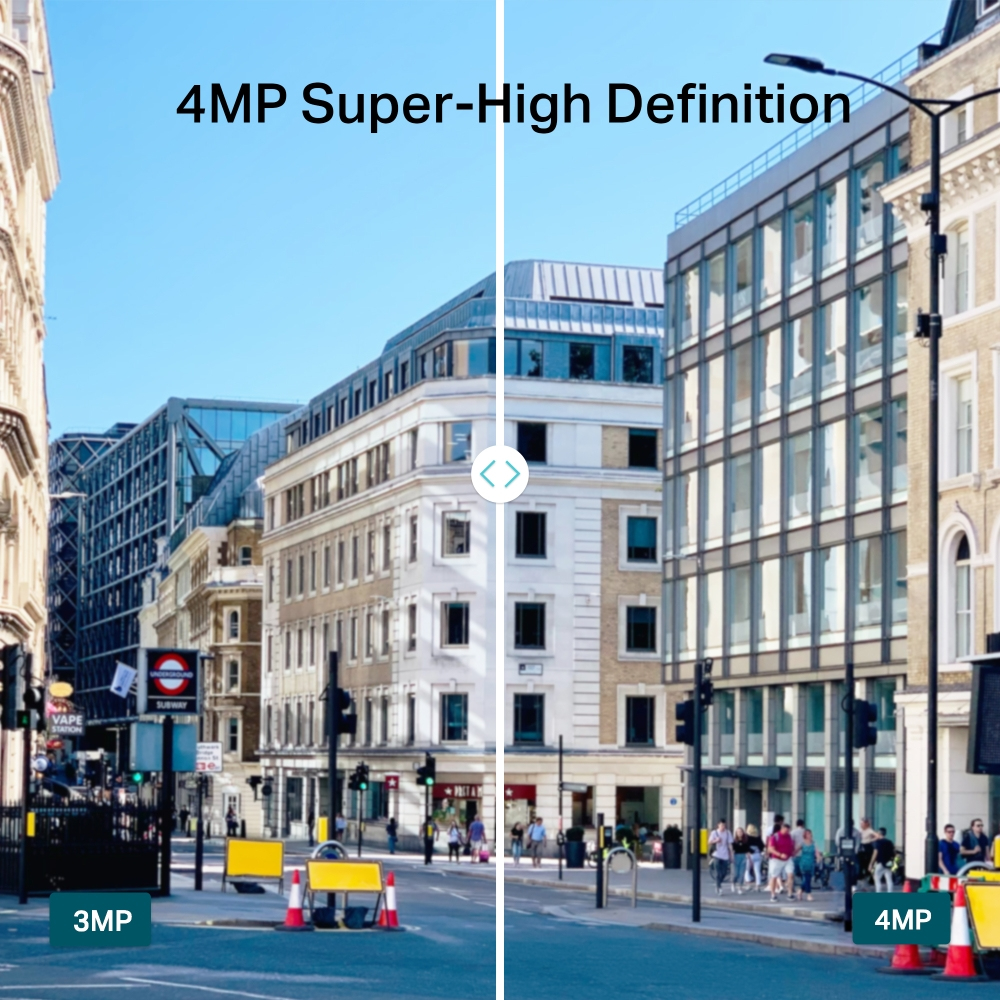 A street scene comparison, 3MP vs. 4MP, showing building facades and a clear blue sky.