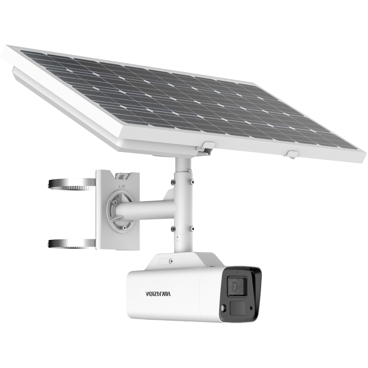 Beveiligingscamera met zonnepaneel. De camera en het paneel zijn zwart en wit.