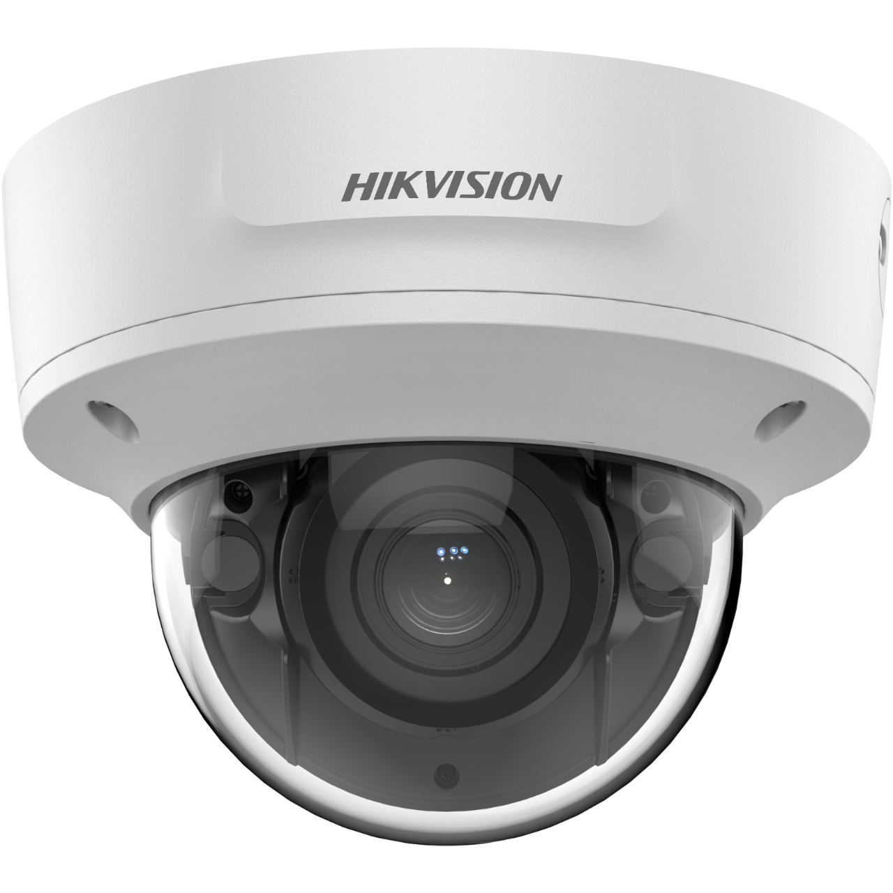 Biała kamera kopułkowa z czarnym obiektywem. Logo HIKVISION. Przezroczysta kopuła.