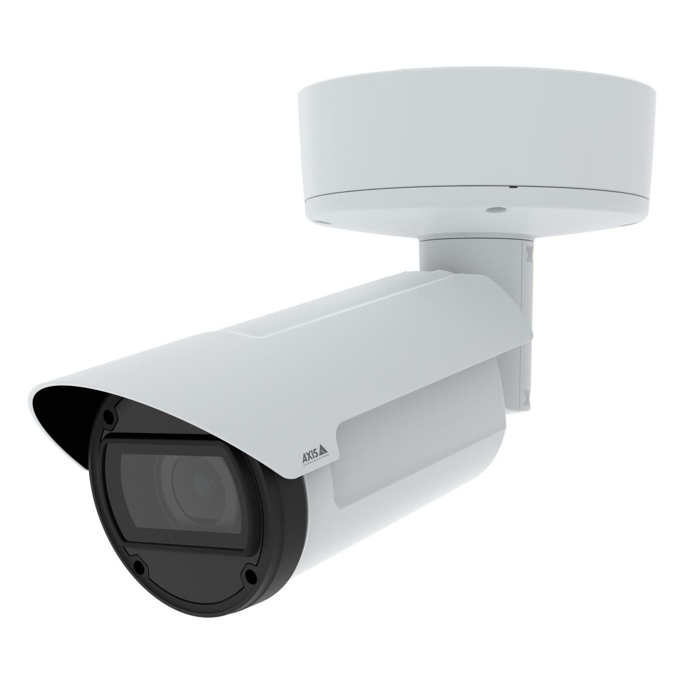 Witte beveiligingscamera met zwarte lens, gemonteerd onder een witte behuizing op een witte achtergrond.