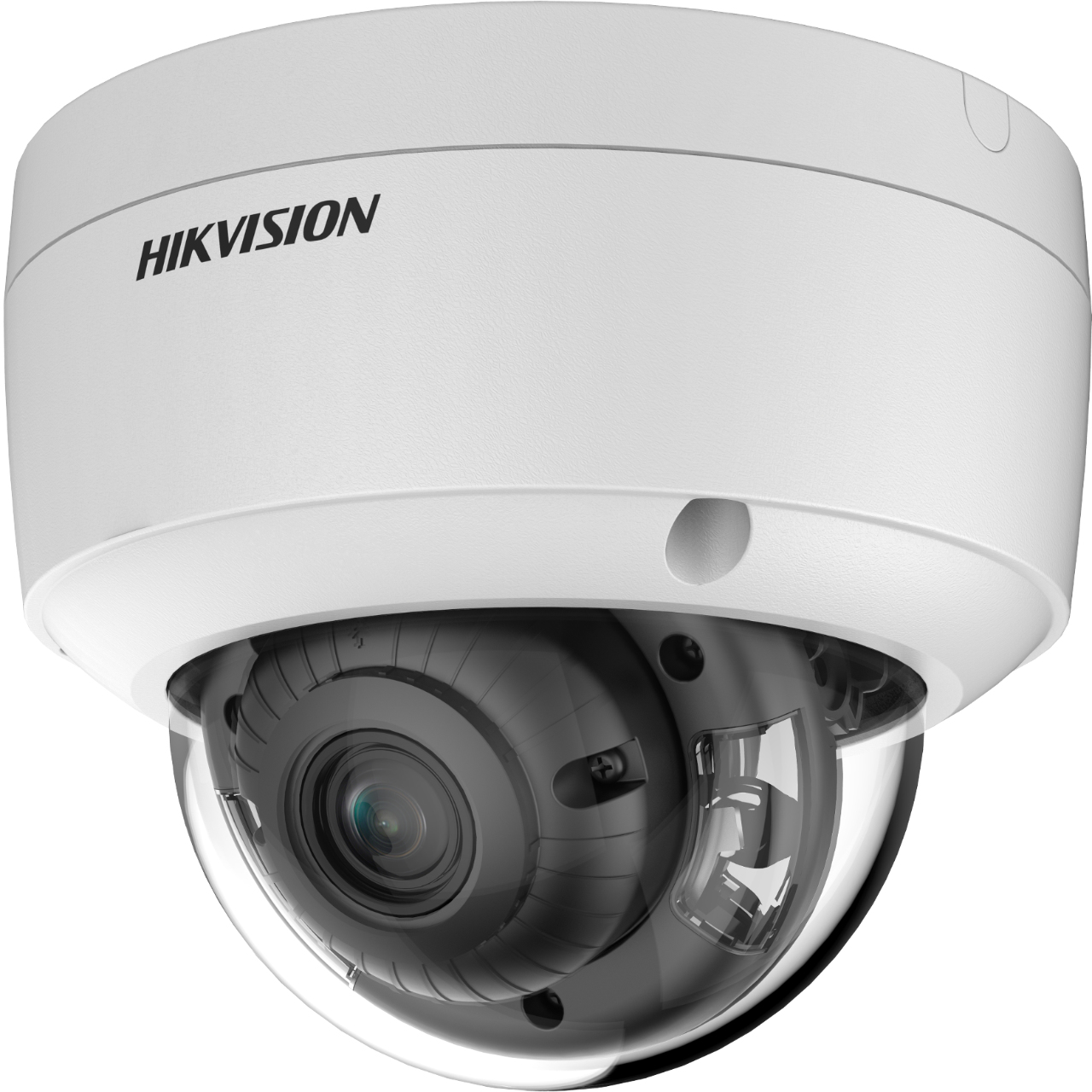 White Hikvision dome security camera with a black lens. The brand name is printed on the top.
