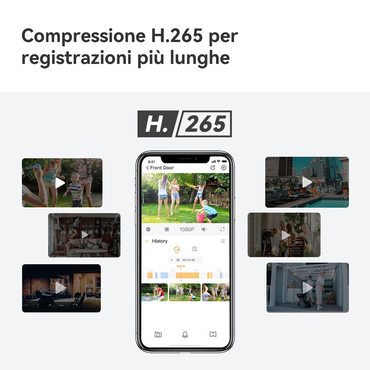 Smartfon wyświetla klipy wideo z kamery bezpieczeństwa. Logo H.265 znajduje się u góry.