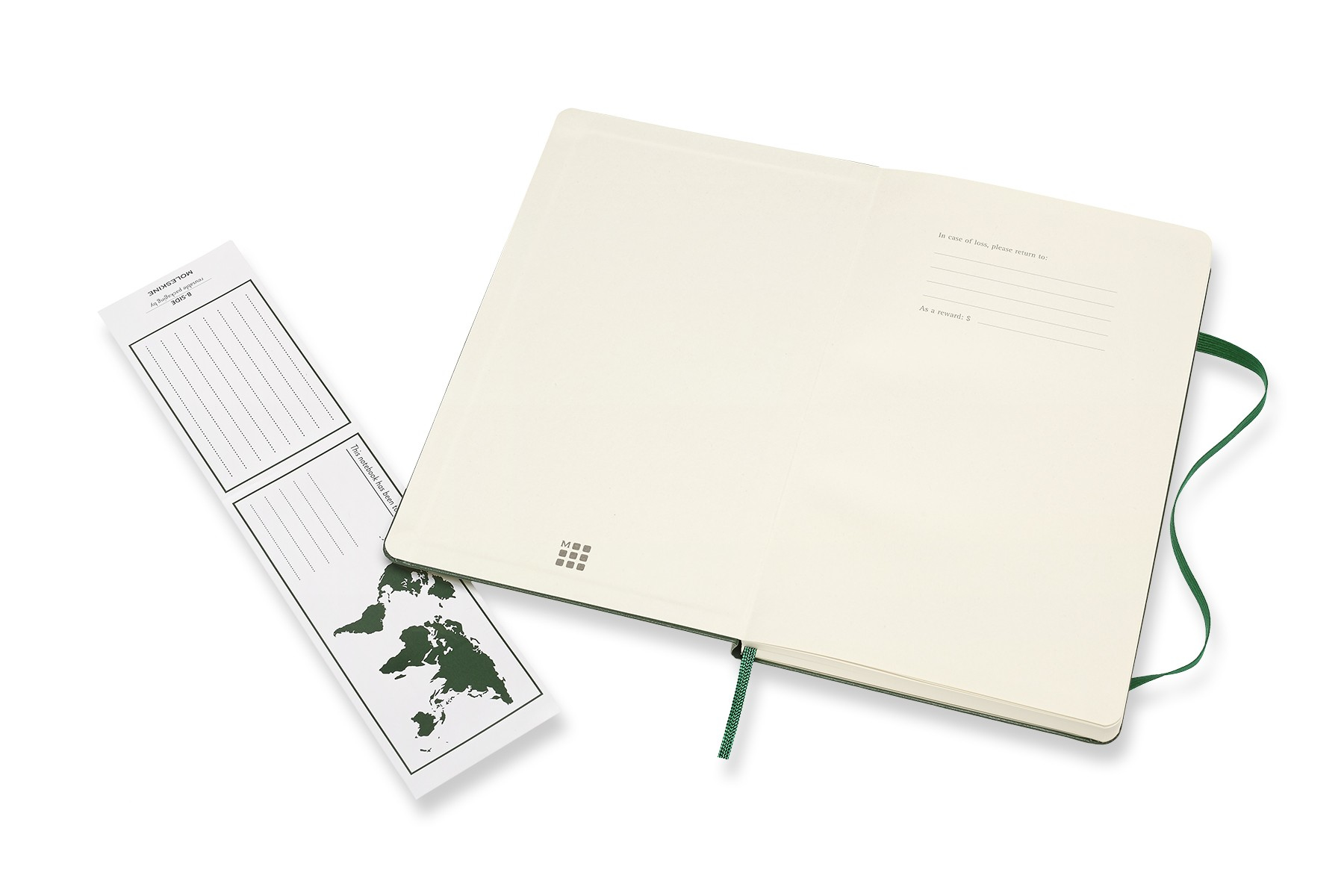 Ein Buch, ein Lesezeichen mit Weltkarte und ein Stift.