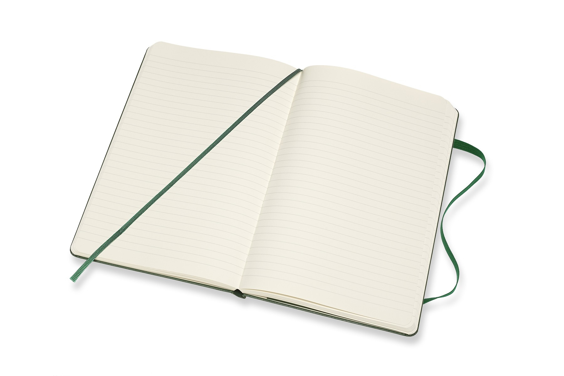 Offenes Notizbuch mit linierten Seiten, einem grünen Lesezeichen und einem grünen Buchrücken.