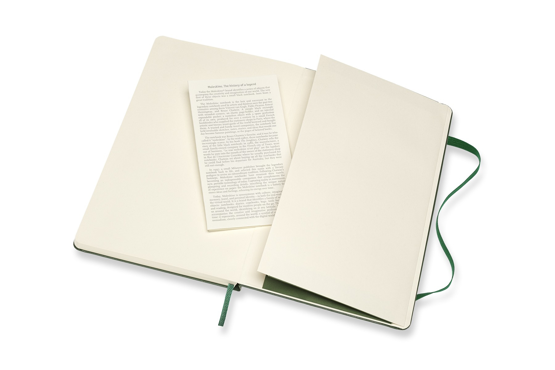 Ein offenes grünes Notizbuch mit Lesezeichen und Dokument.
