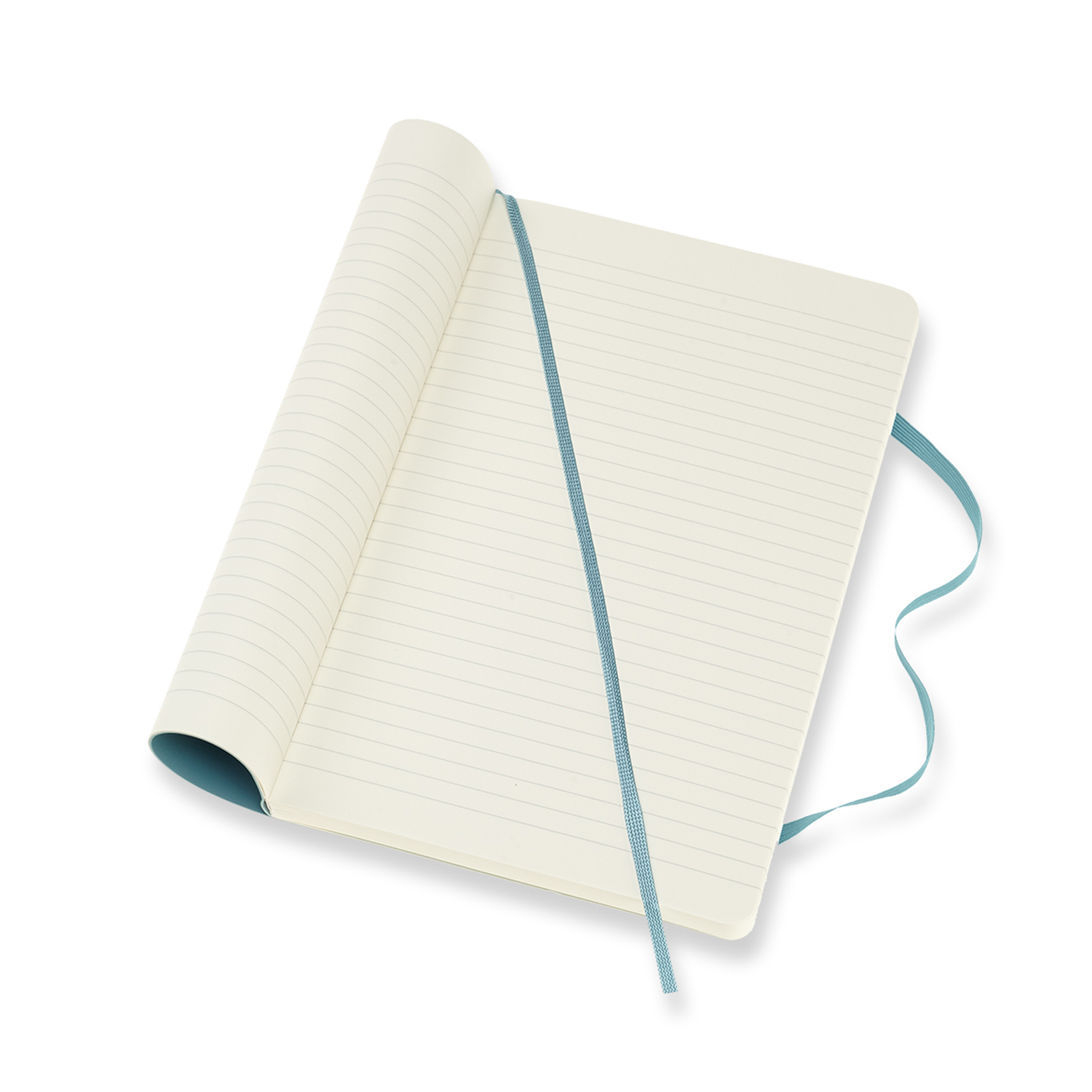 Offenes Notizbuch mit linierten Seiten, mit blauem Band.