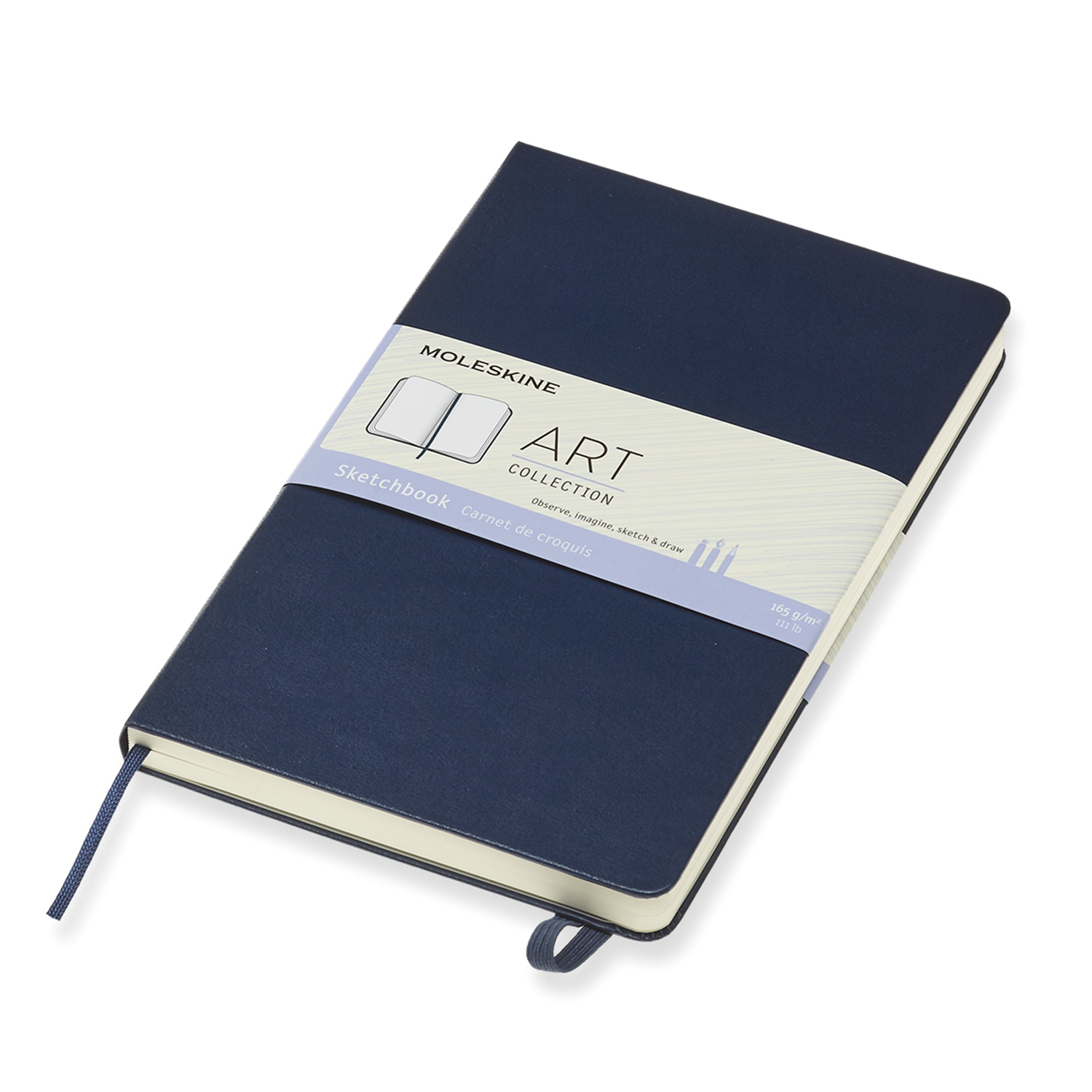 Moleskine Art Skizzenbuch mit blauem Einband und weißem Band.