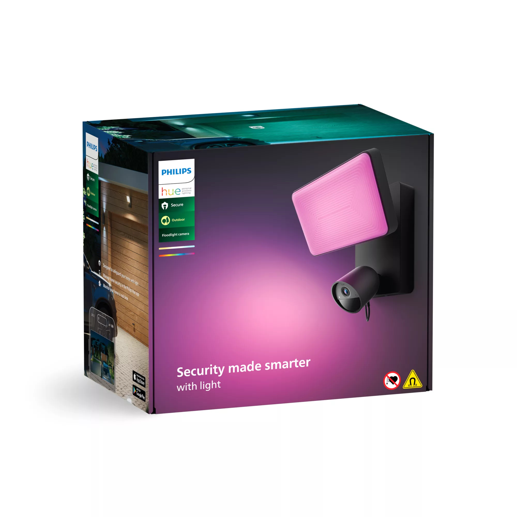 Pudełko z lampą Philips Hue z wbudowaną kamerą, z tekstem marketingowym.