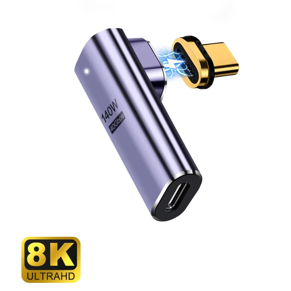 Un adattatore USB-C magnetico viola con un logo 8K Ultra HD. Un connettore dorato.
