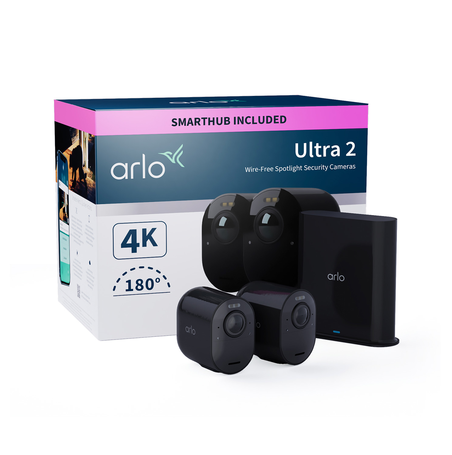 Scatola con telecamere di sicurezza. La scatola ha 'Arlo Ultra 2' e '4K'. Sono visibili due telecamere.