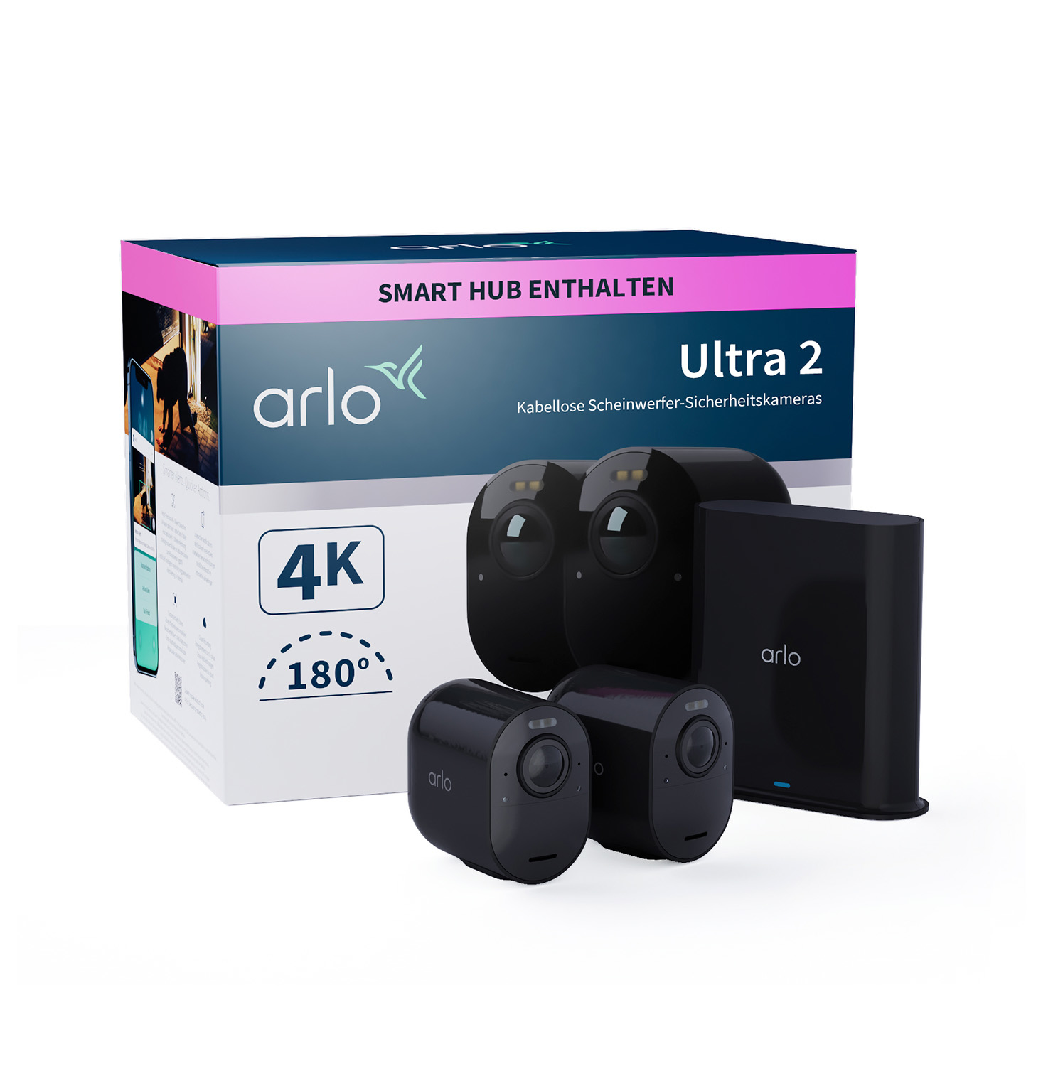 Scatola con telecamere di sicurezza e un hub. Dice 'Arlo Ultra 2'. Sono visibili due telecamere. Sfondo bianco.