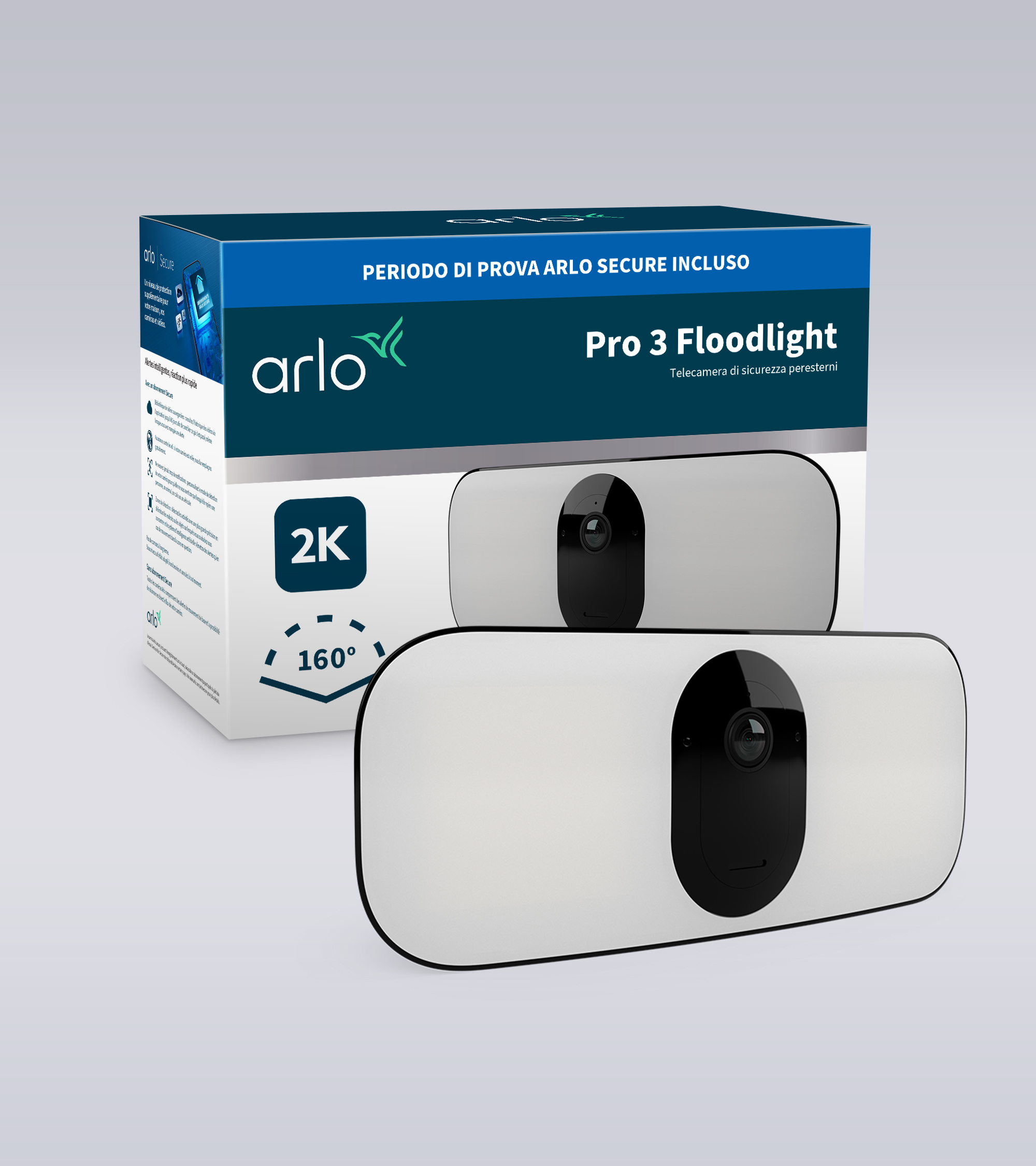 Biała lampa Arlo Pro 3 Floodlight z czarną kamerą. Pudełko z tyłu. Zielone i niebieskie kolory.