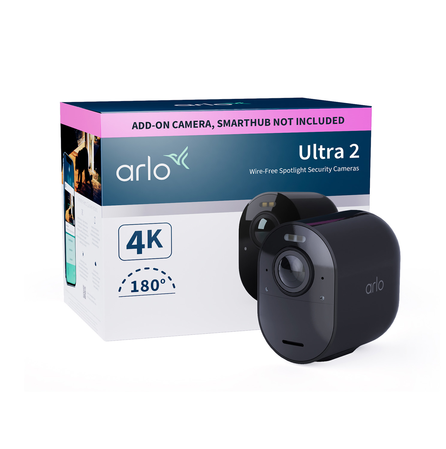 Eine Box mit zwei schwarzen Überwachungskameras. Die Box hat ein 4K-Logo und ein 180-Grad-Symbol.