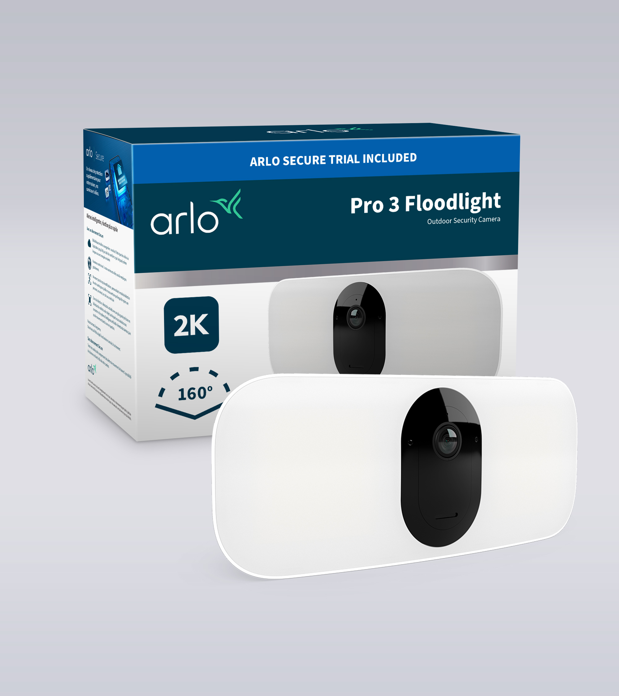 Dwie białe kamery bezpieczeństwa i pudełko. Na pudełku napis: 'Arlo Secure Trial Included'.
