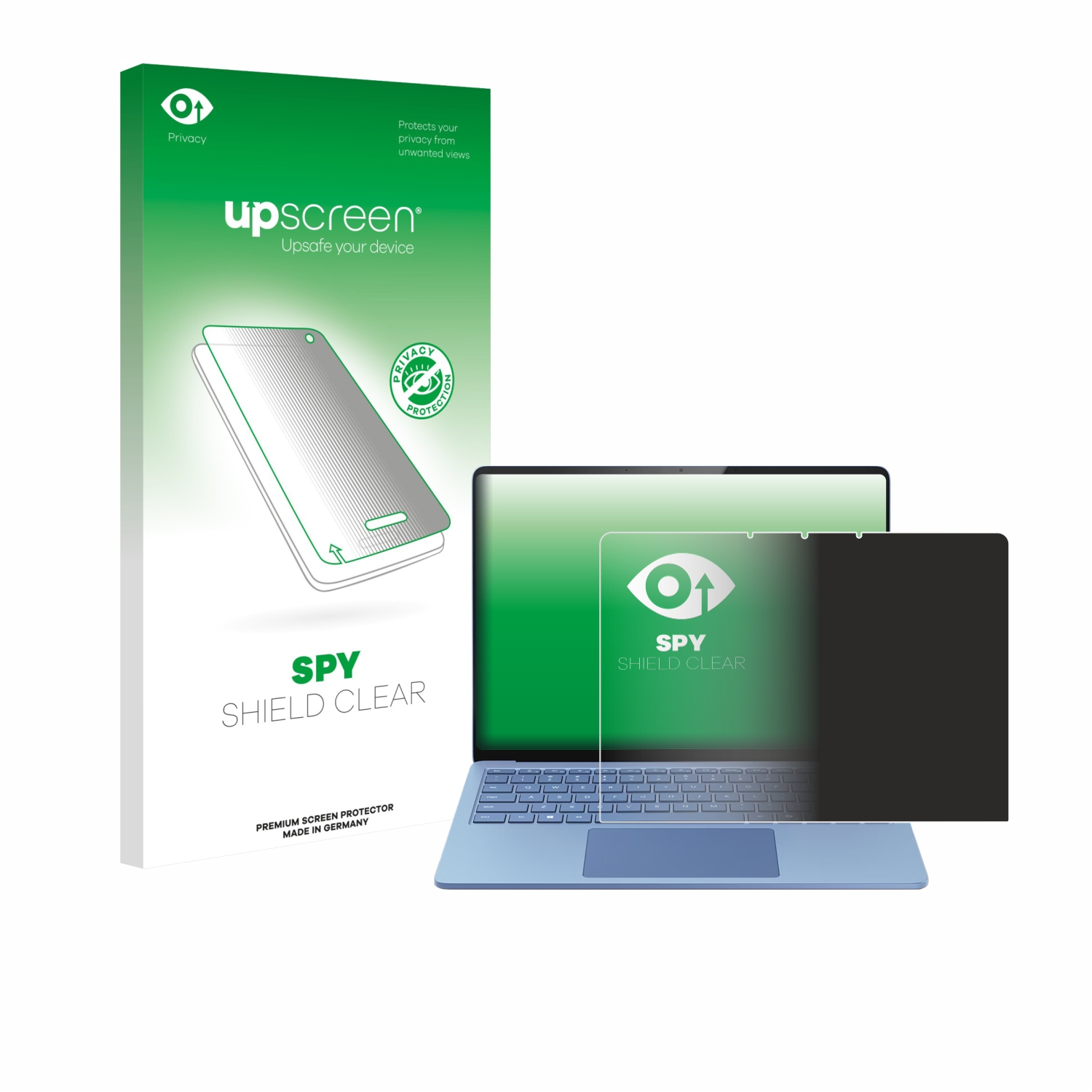 Ein Laptop mit Displayschutzbox. Der Displayschutz ist auf dem Laptop-Bildschirm angebracht.