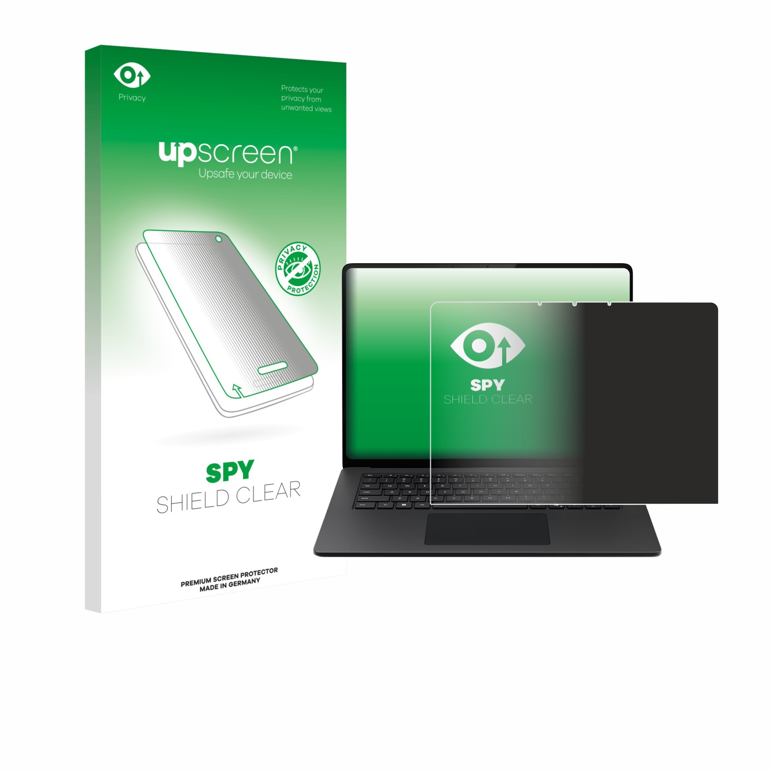 Ein Laptop, Displayschutz und eine Box. Auf der Box steht 'Spy Shield Clear'. Der Schutz ist dunkel.