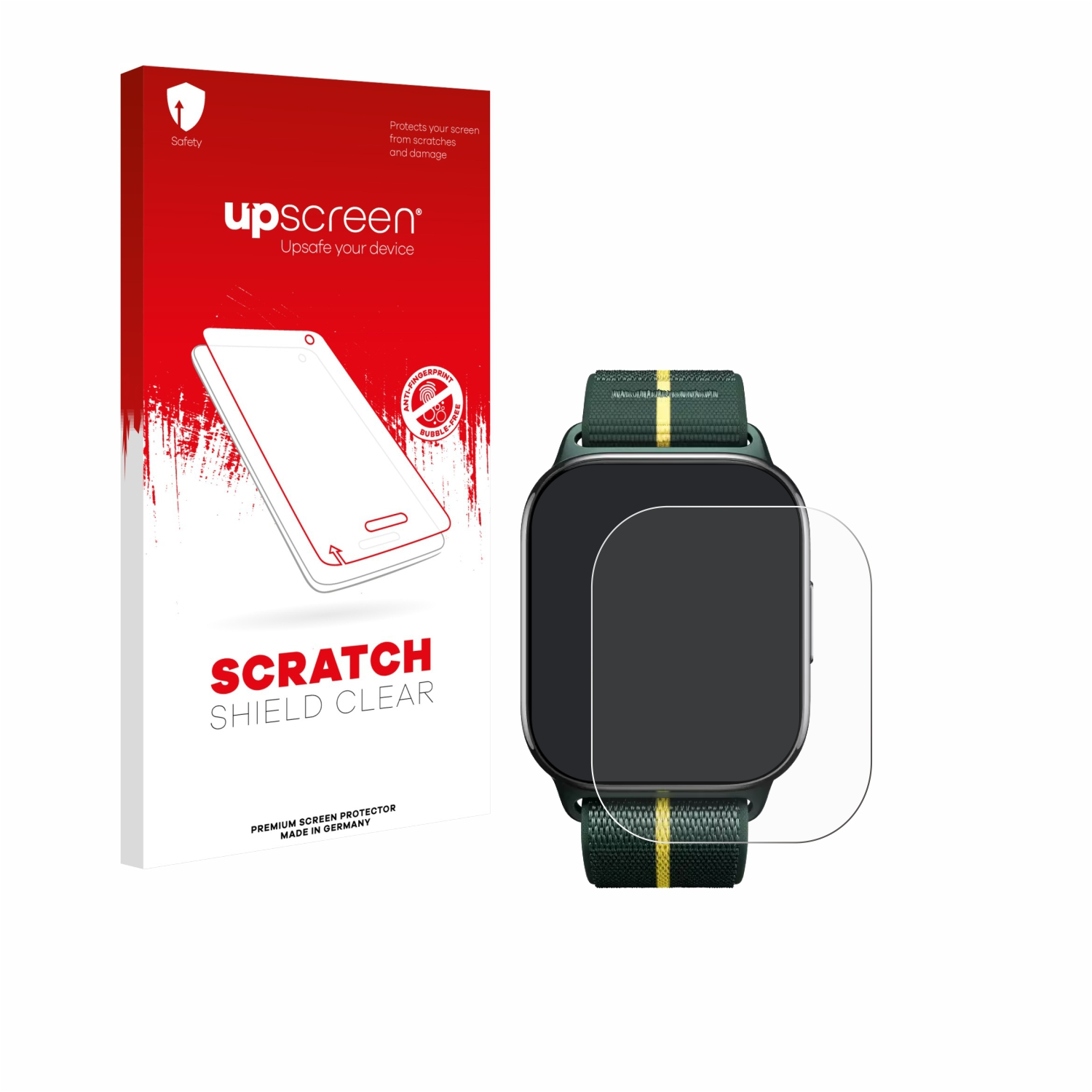 Eine Displayschutzfolienbox und eine Smartwatch mit angebrachter Displayschutzfolie.