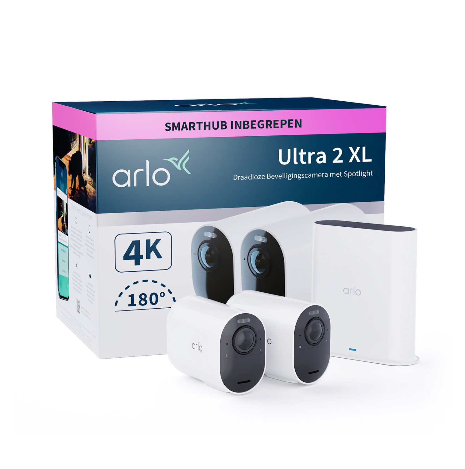 Dwie kamery bezpieczeństwa, hub i pudełko. Na pudełku napis: 'Ultra 2 XL'.