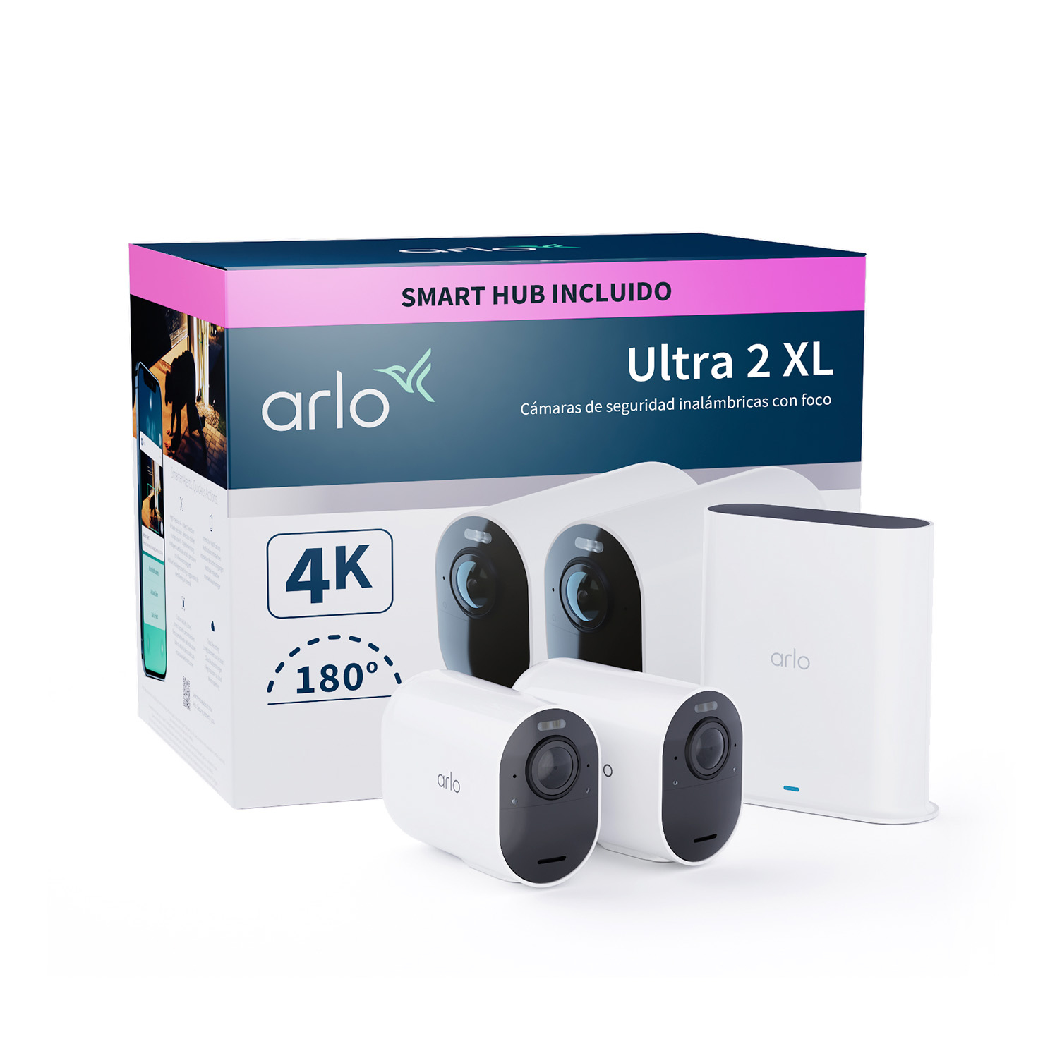 Zestaw kamer bezpieczeństwa Arlo Ultra 2 XL. Zawiera kamery, hub i pudełko z tekstem.