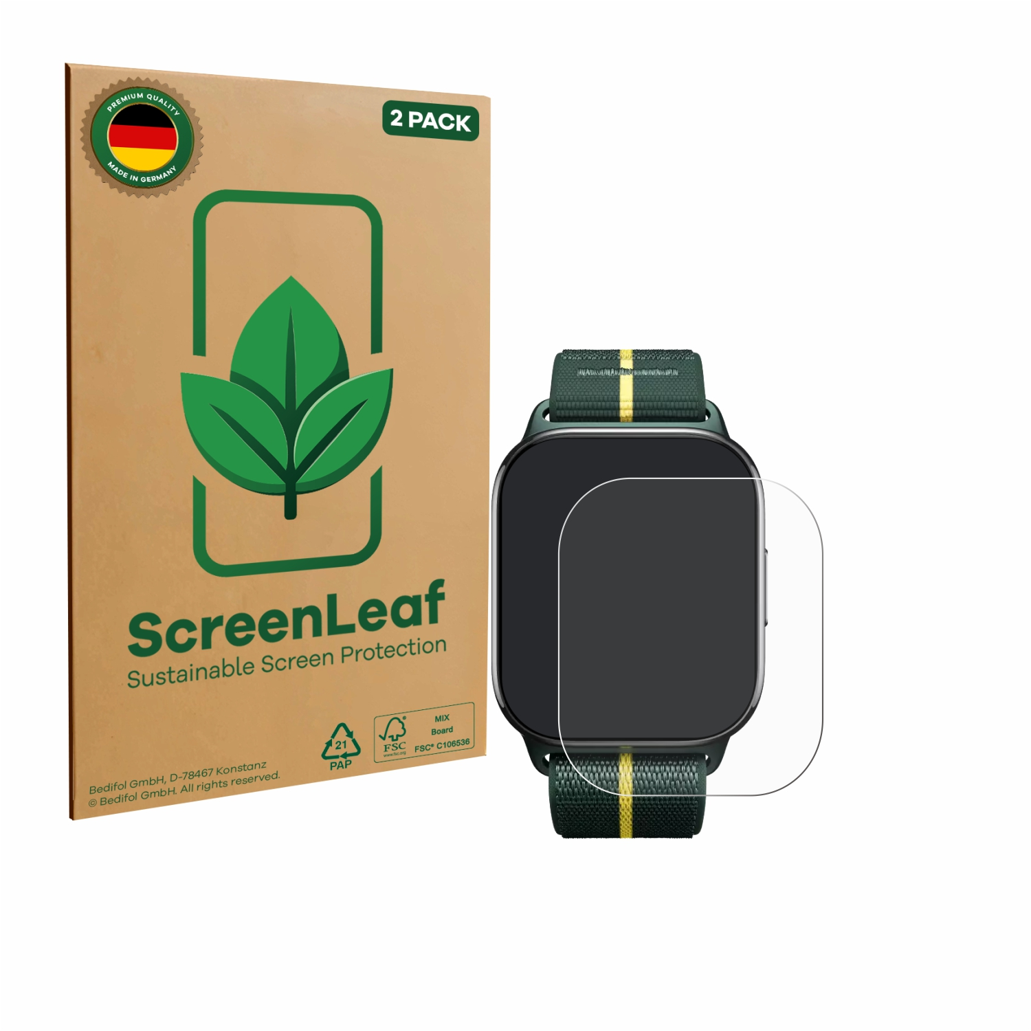 Smartwatch mit Displayschutz und brauner Box.