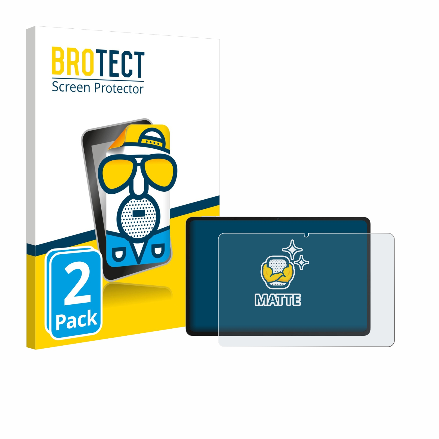 Ein Tablet mit Displayschutzfolienpackung. Auf der Packung steht BROTECT Displayschutz und MATTE.