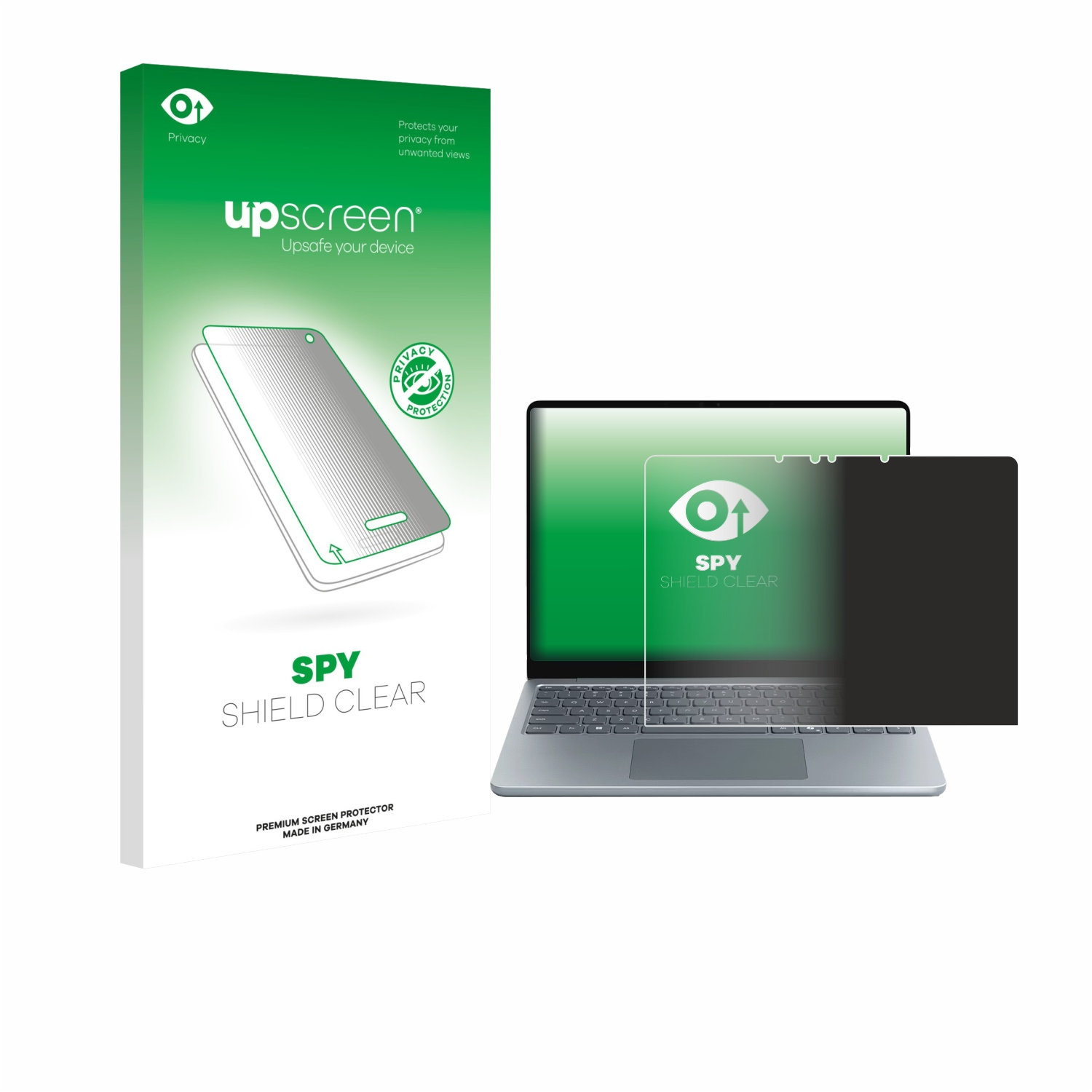 Laptop-Displayschutzfolie mit Sichtschutz, Laptop und Box sichtbar.