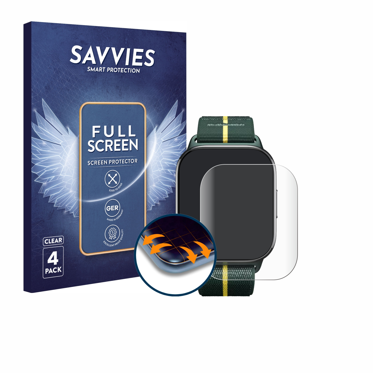 Eine Displayschutzfolienverpackung und eine Displayschutzfolie auf einer Smartwatch. Das Paket hat Engelsflügel.