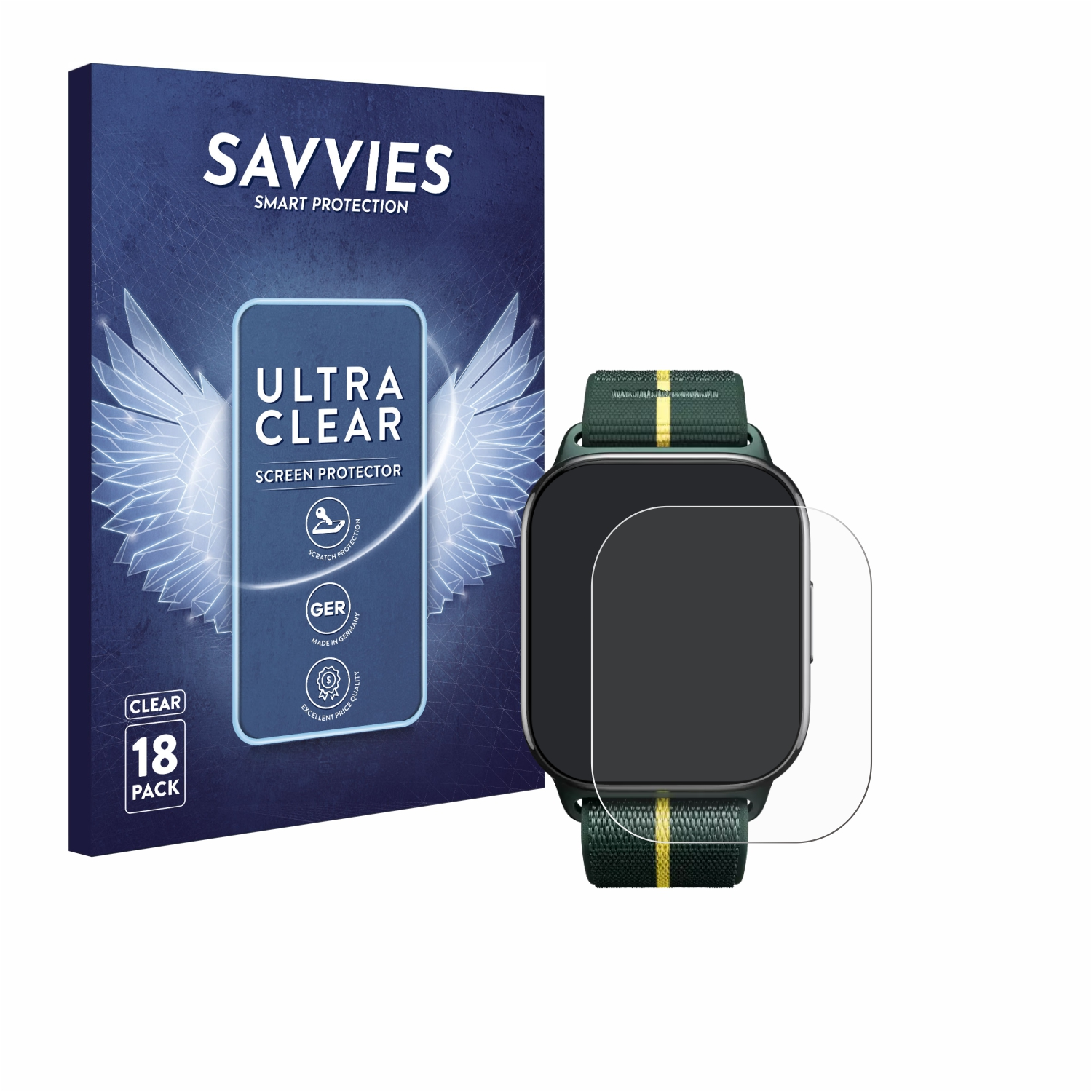 Eine Displayschutzfolienverpackung und eine Displayschutzfolie auf einer Smartwatch. Das Paket hat Engelsflügel.