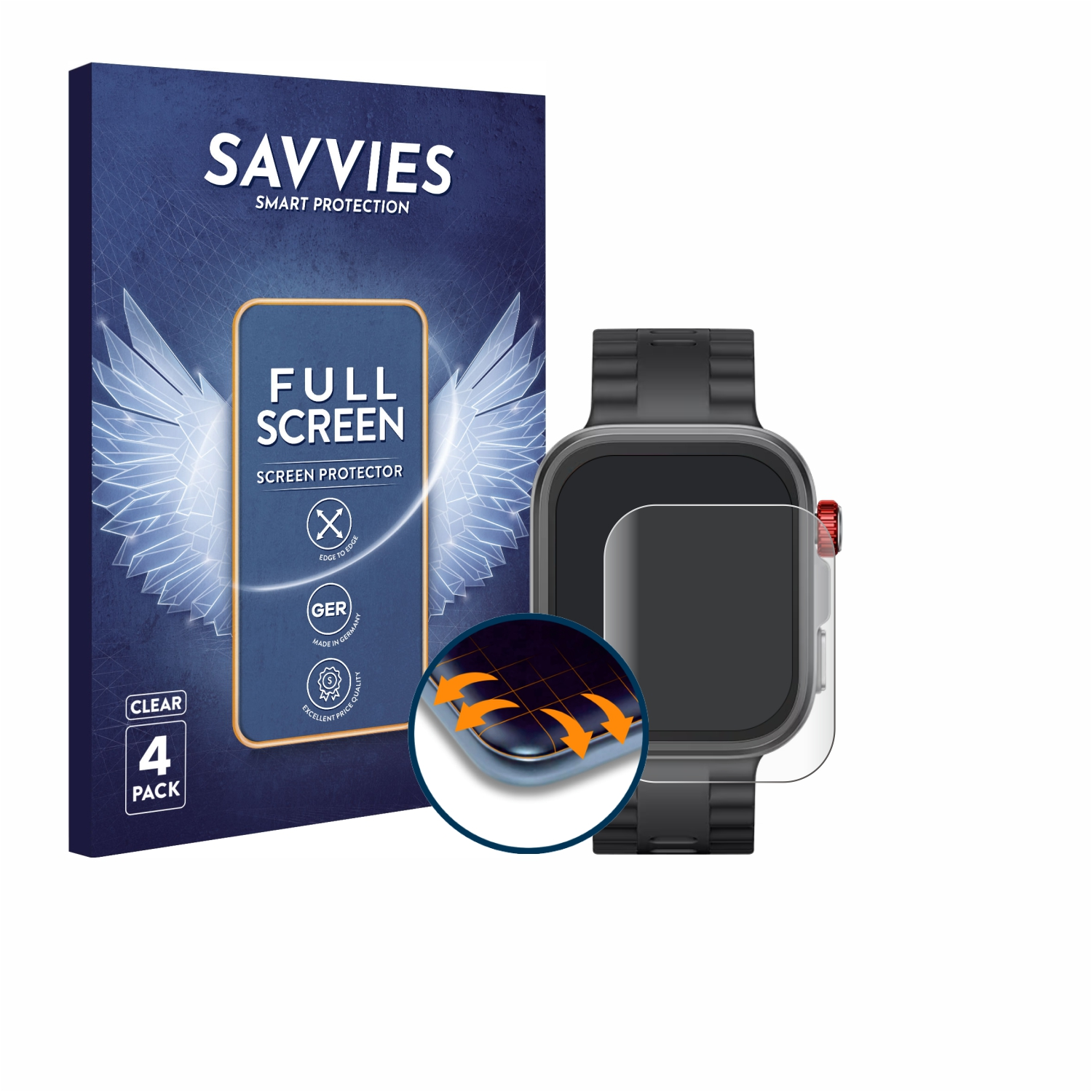 Displayschutzverpackung neben einer Smartwatch mit angebrachter klarer Folie.