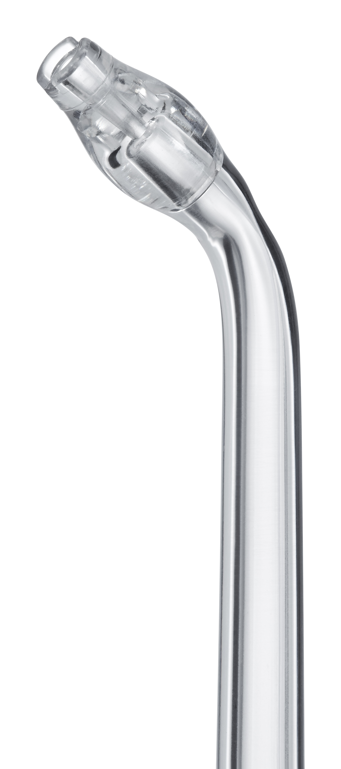 Przezroczysta plastikowa końcówka irygatora do jamy ustnej, skierowana w lewo.