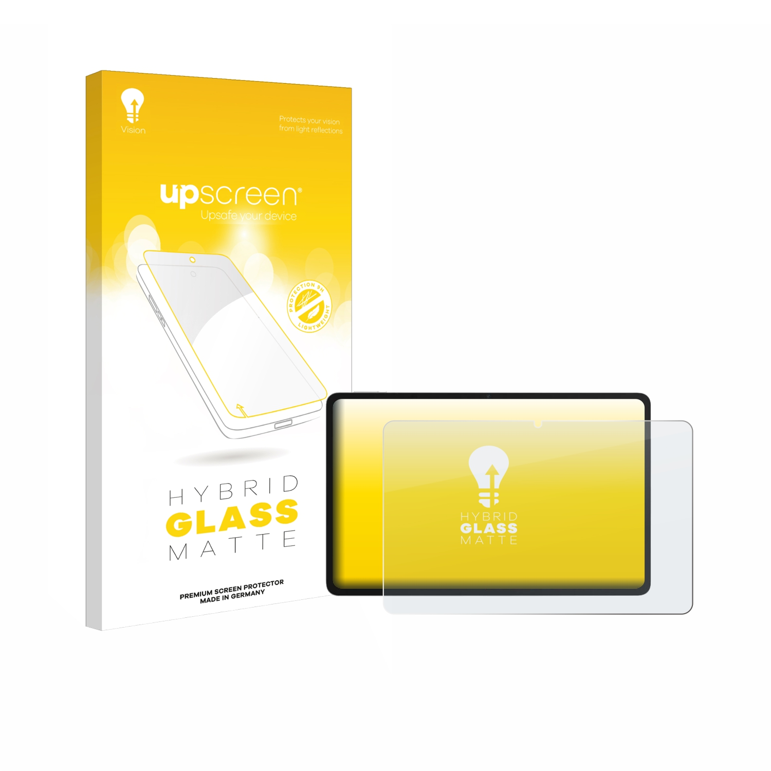 Gelb-thematische Box und Displayschutzfolie für ein Tablet, mit dem Text "Hybrid Glass Matte".