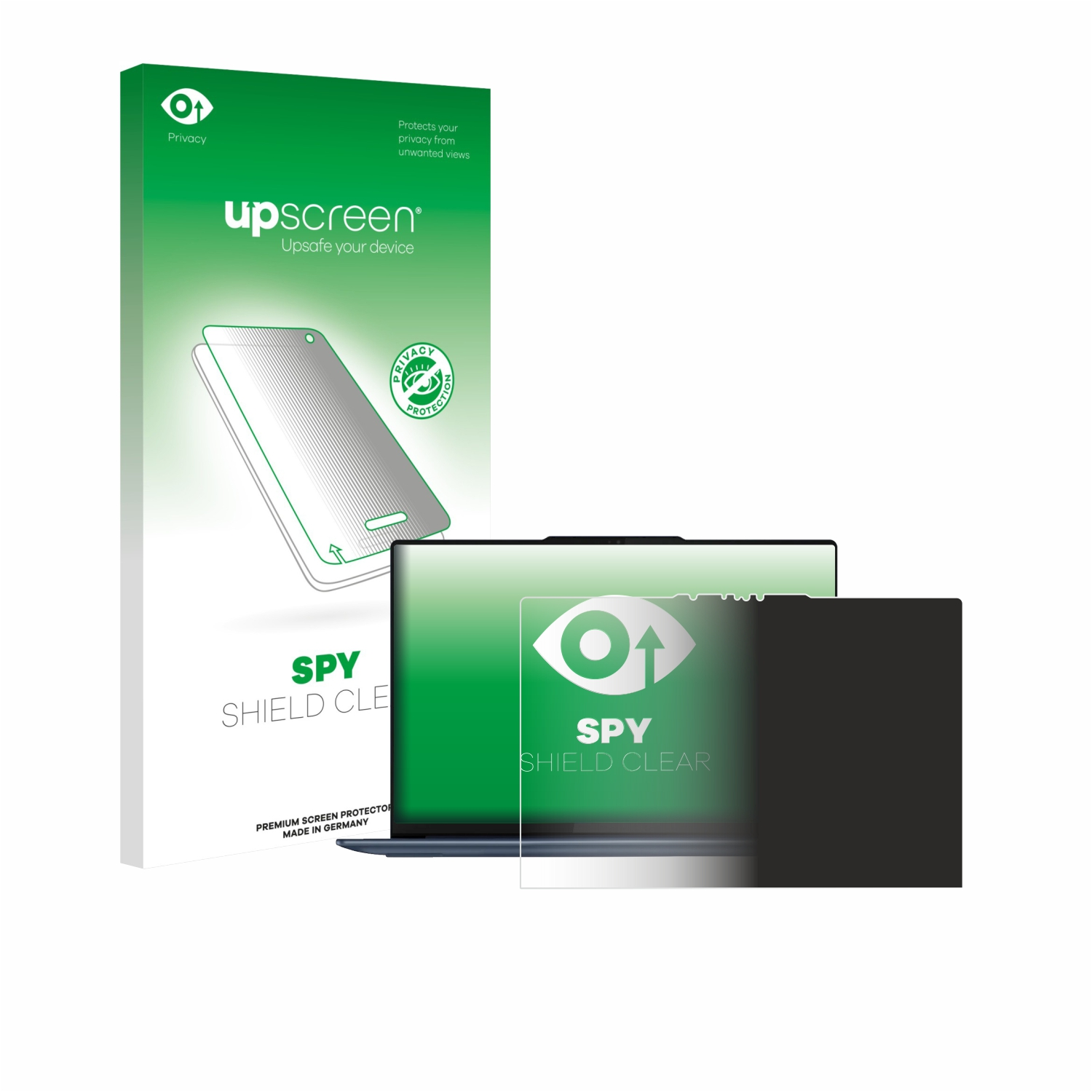 Grüne Schachtel mit Displayschutzfolie für Laptop. Laptop und Schutzfolie sind sichtbar. Text: Spy Shield Clear.