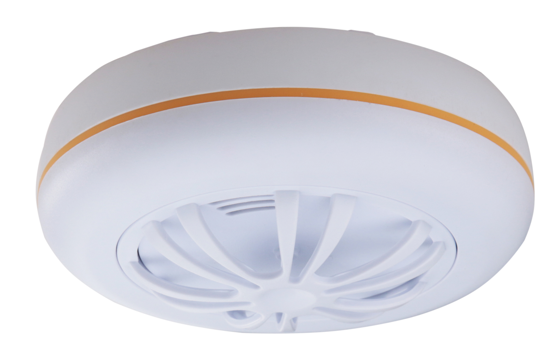 Weißer, an der Decke montierter Rauchmelder. Oranger Streifen. Mitte mit rundem Design. Weiße Oberfläche.