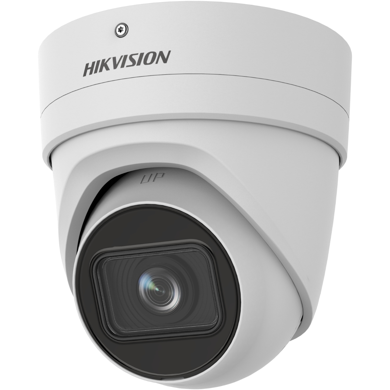 Biała kamera kopułkowa Hikvision, zamontowana na białej powierzchni, z napisem 'HIKVISION' u góry.