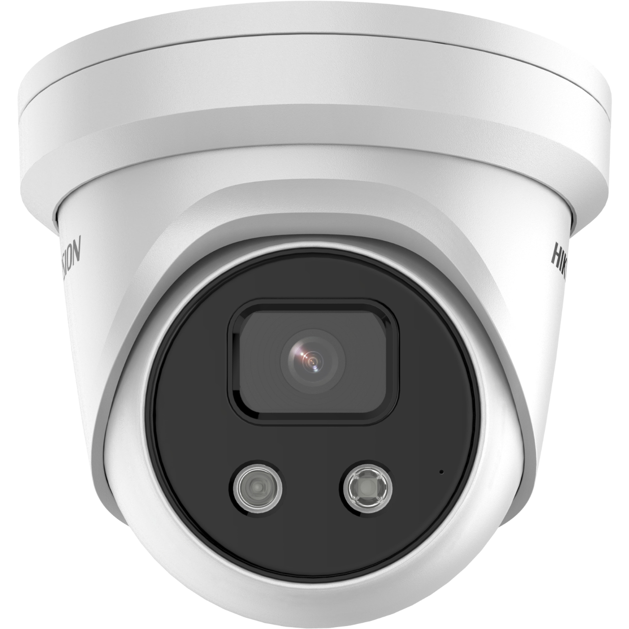 Telecamera a cupola Hikvision bianca con lente nera, rivolta verso l'alto.