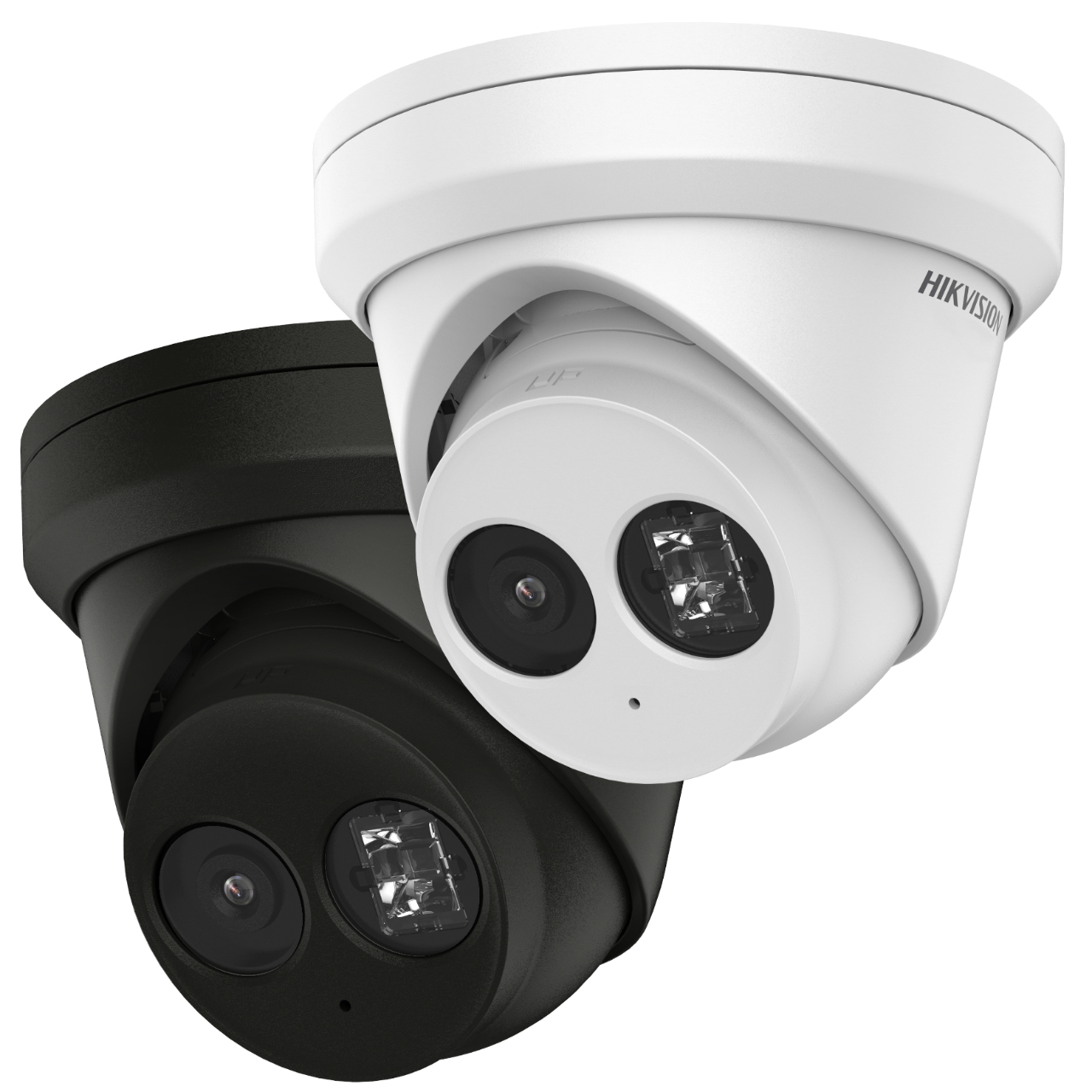 Due telecamere di sicurezza, una nera, una bianca. Entrambe hanno due lenti. HIKVISION in alto.