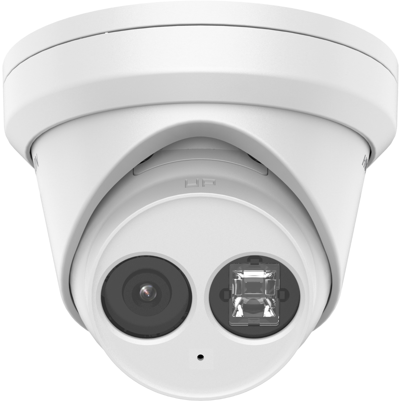 Telecamera a cupola Hikvision bianca con due luci, rivolta verso l'alto.