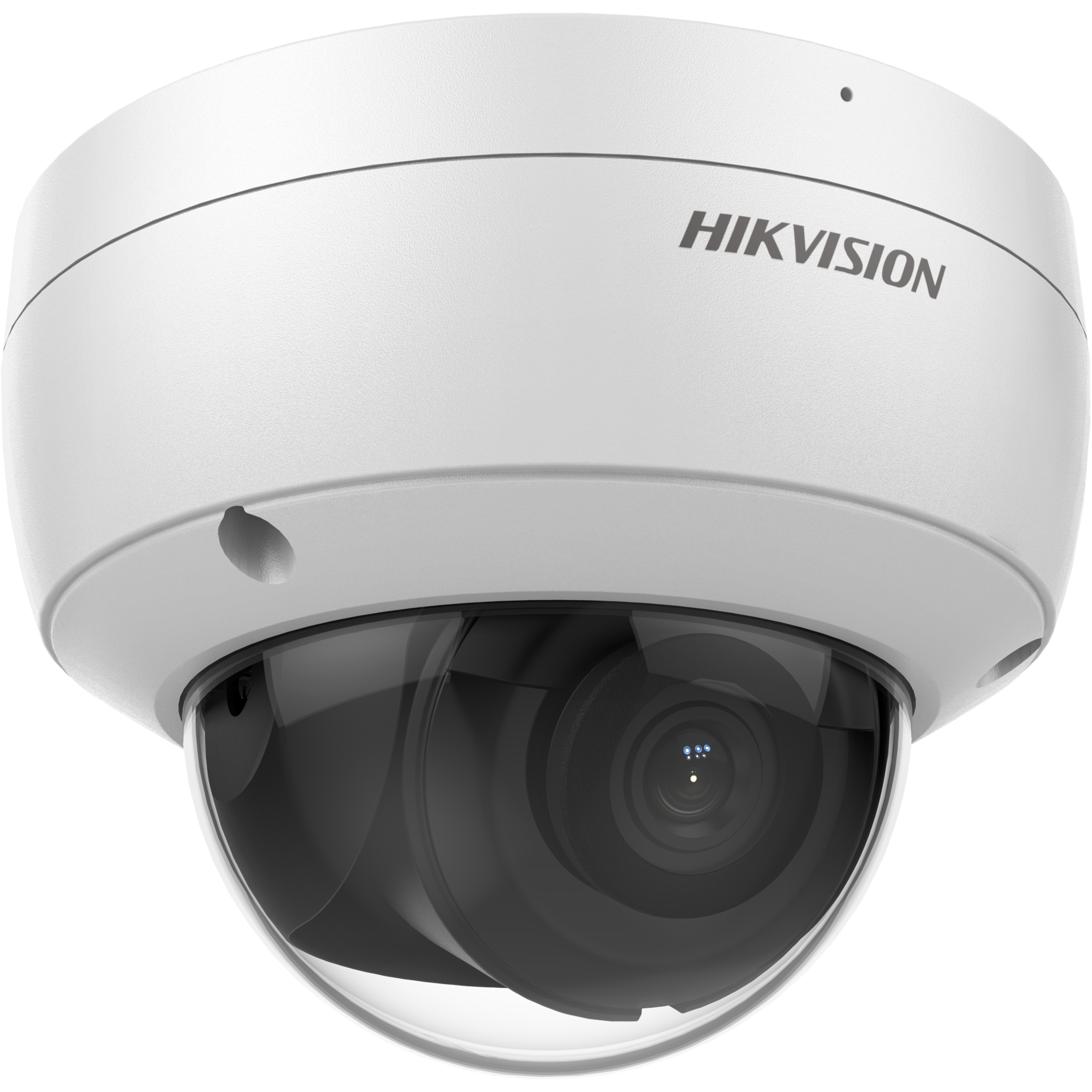 White Hikvision dome camera with a black lens and a white background. The dome is transparent.