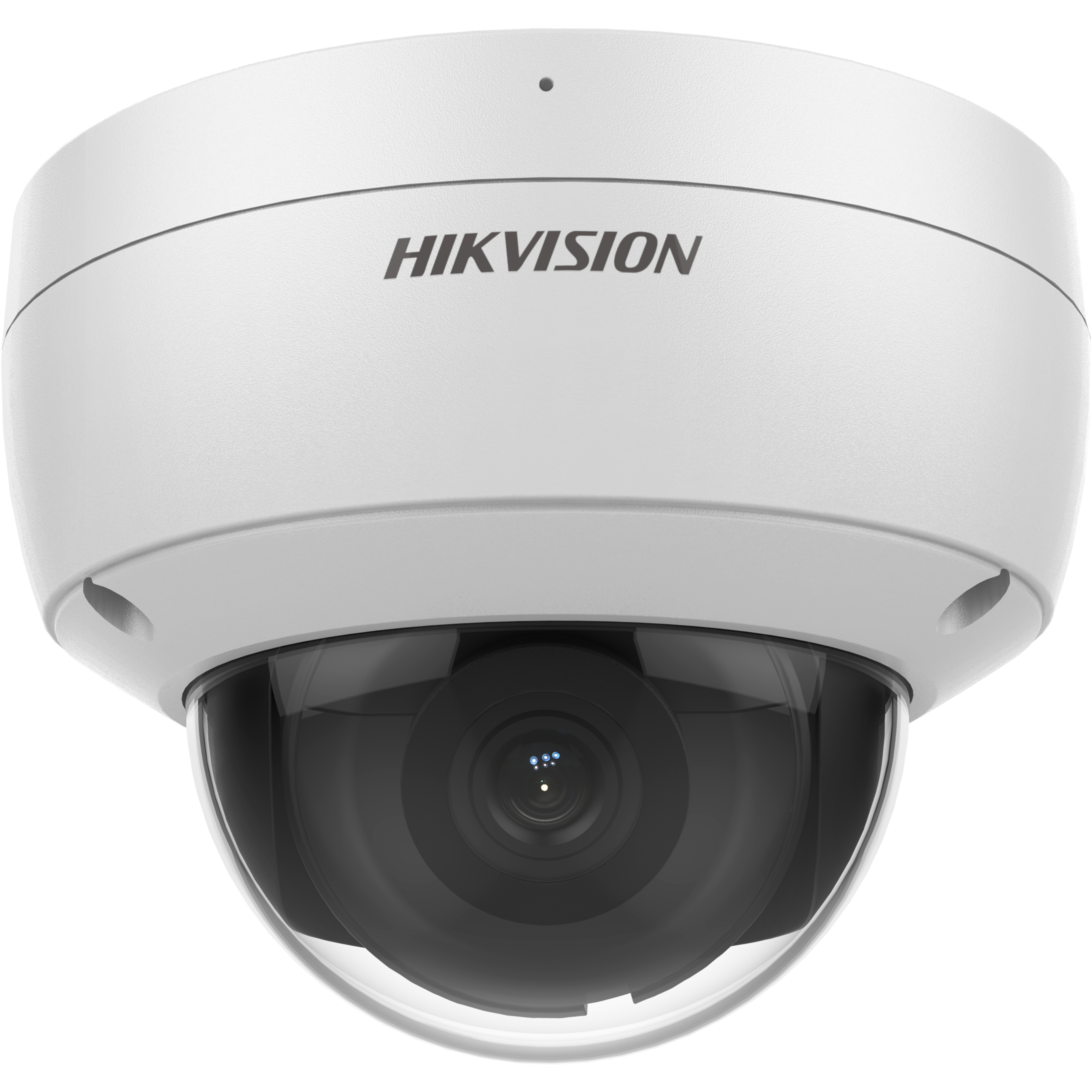 White Hikvision dome camera with a black lens. The camera is on a white background.