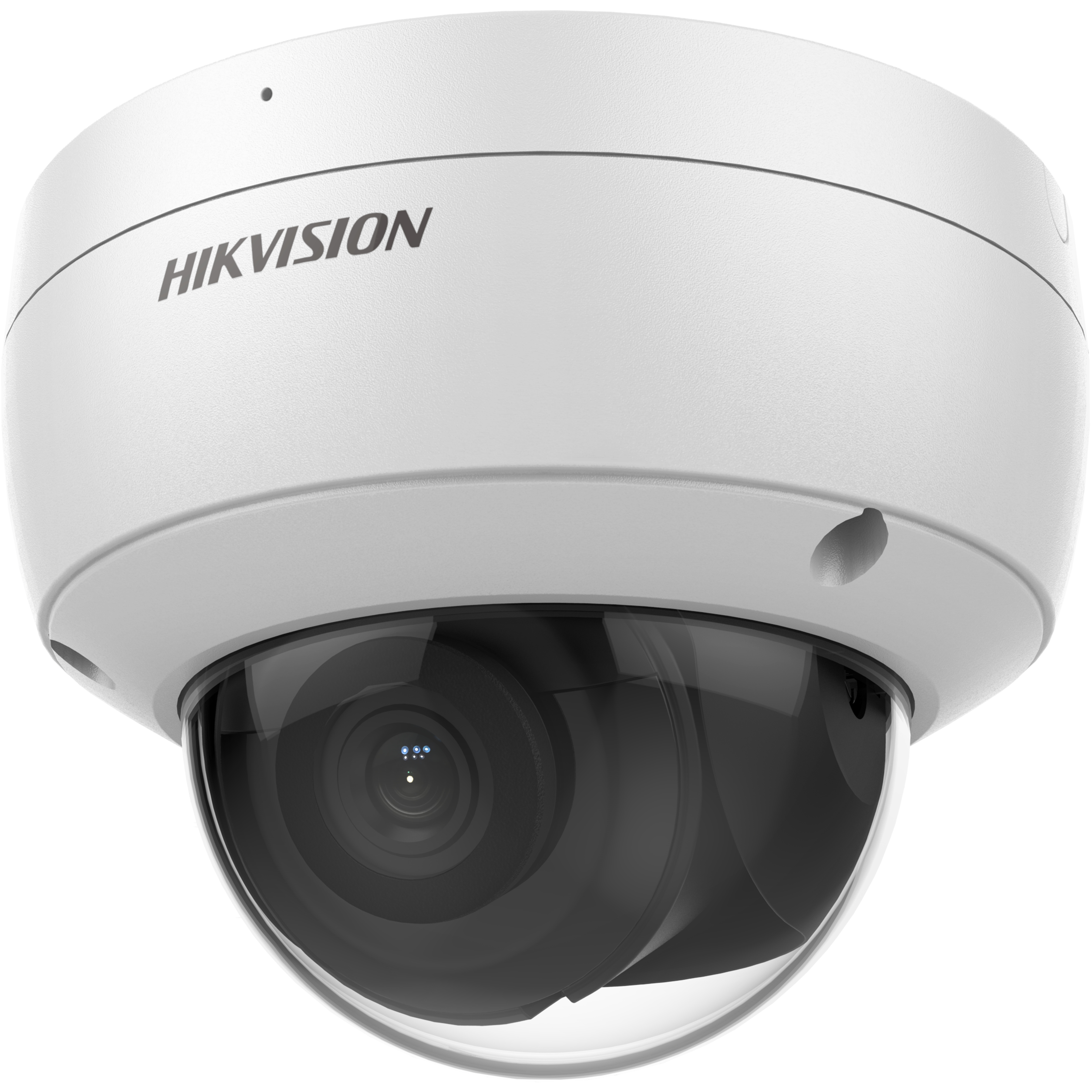 White Hikvision dome camera with a black lens and a white background. The lens is clear.