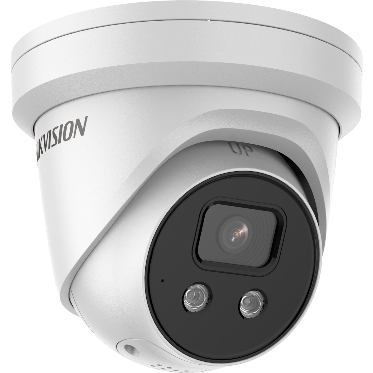 Telecamera a cupola Hikvision bianca con obiettivo nero e design circolare, montata su bianco.