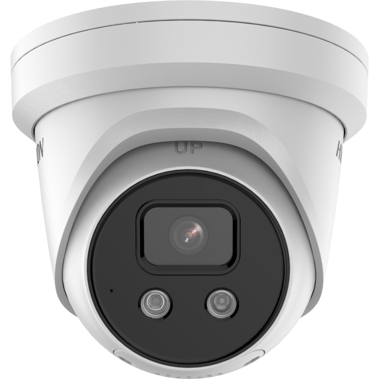 Telecamera Hikvision bianca con obiettivo nero e due luci, montata a soffitto.