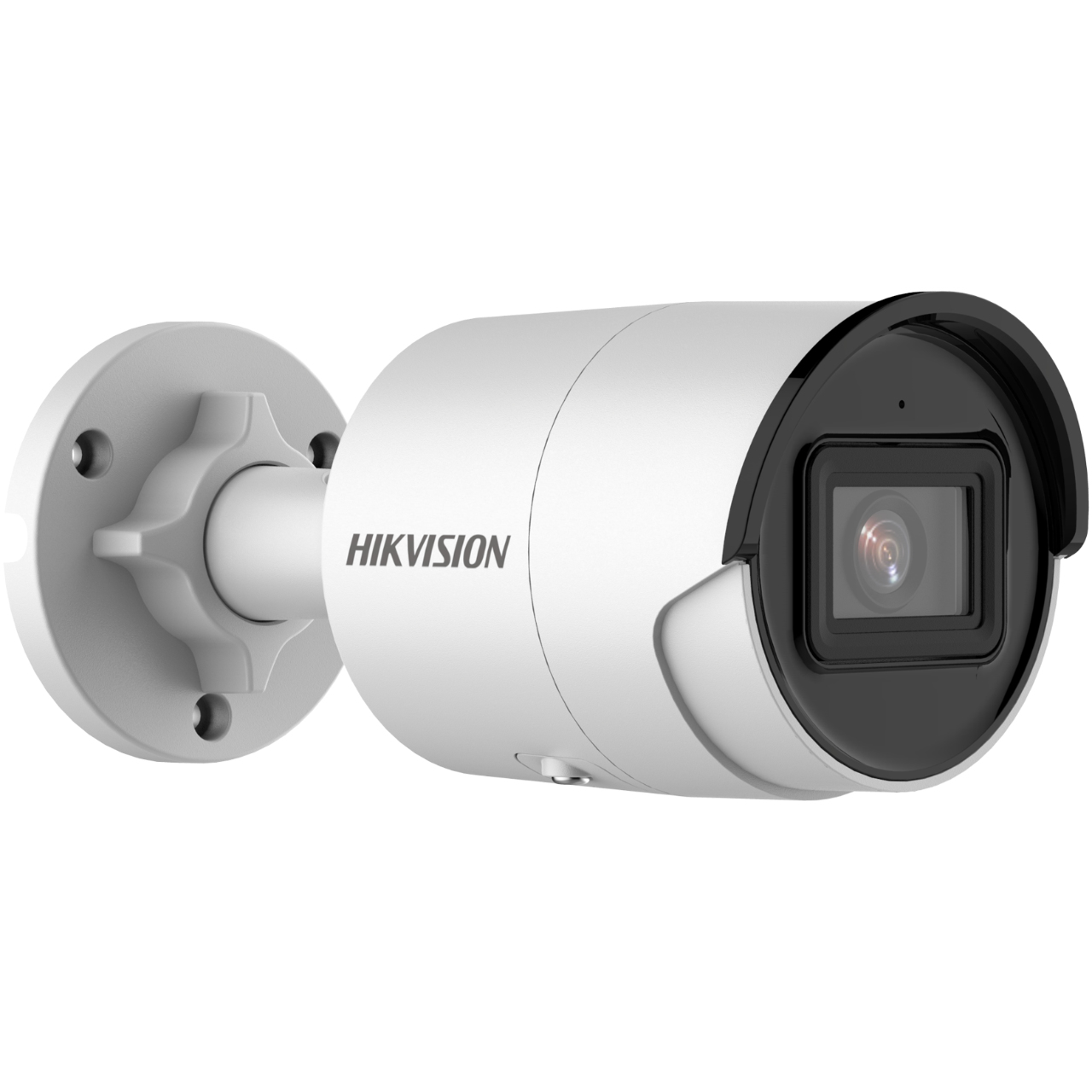 Biała kamera bezpieczeństwa Hikvision z czarnym obiektywem, zamontowana na białej ścianie.