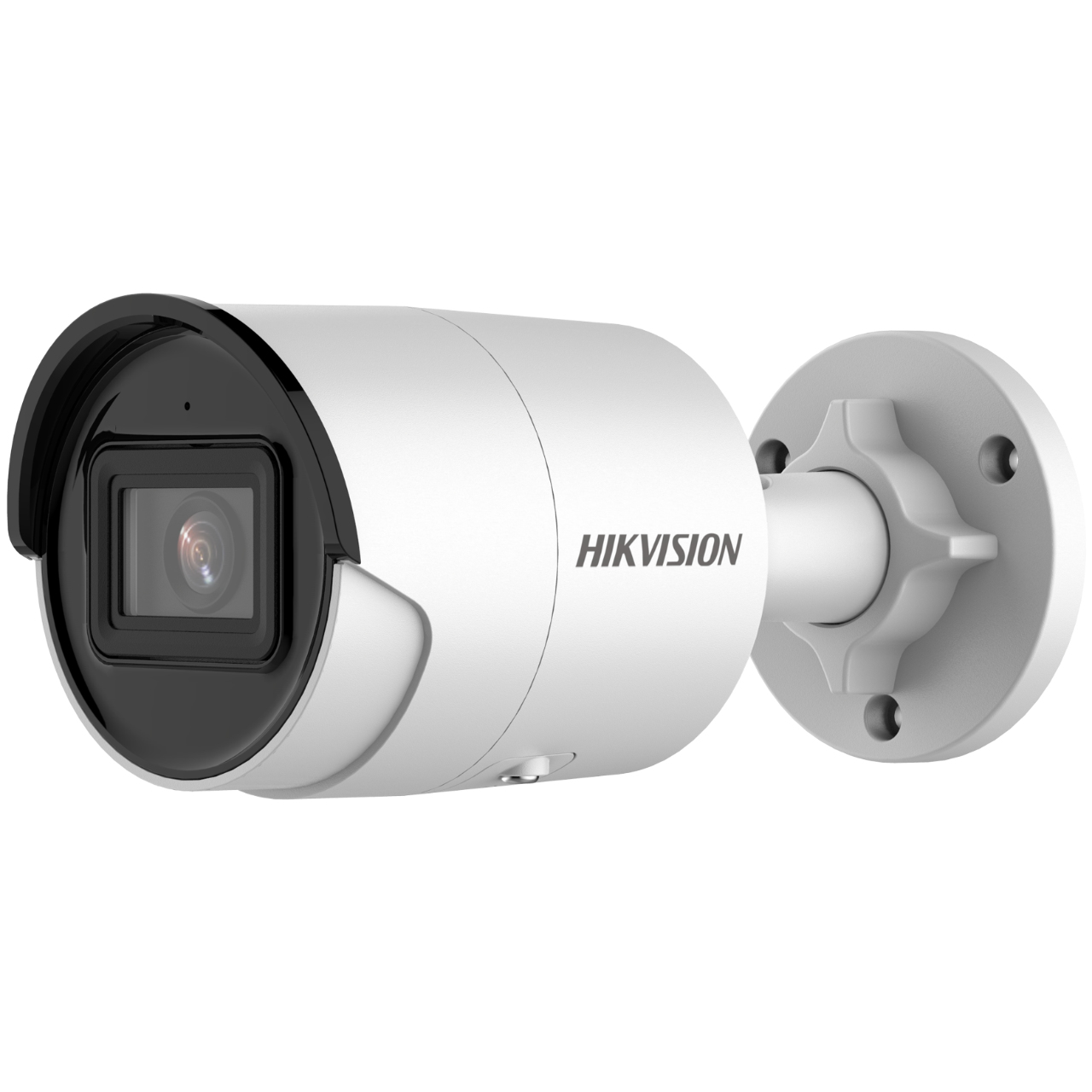 Biała kamera bezpieczeństwa Hikvision z czarnym obiektywem, zamontowana na białej ścianie.