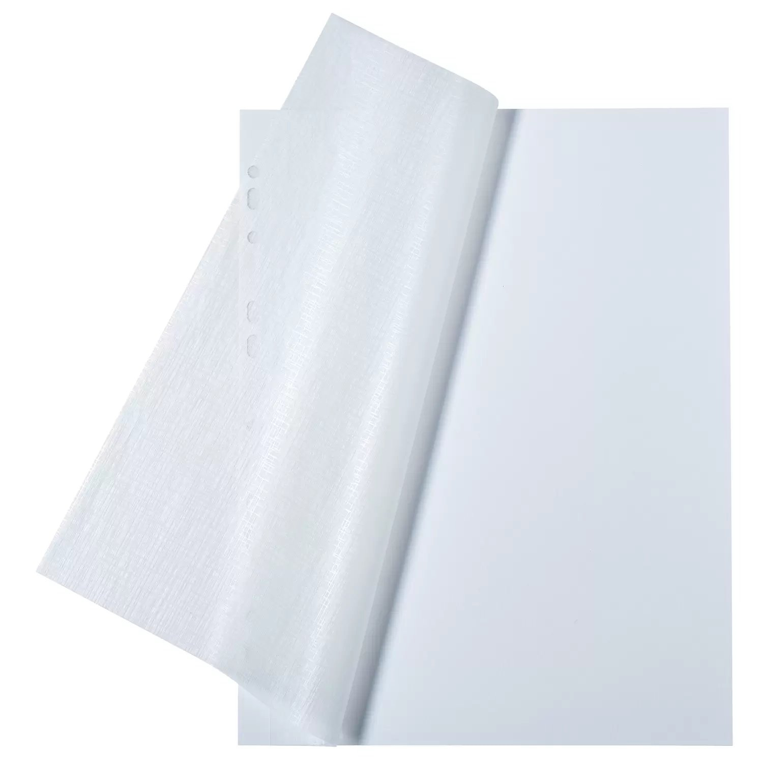 Eine transparente Plastikfolie wird von einem weißen Papierblatt abgezogen.