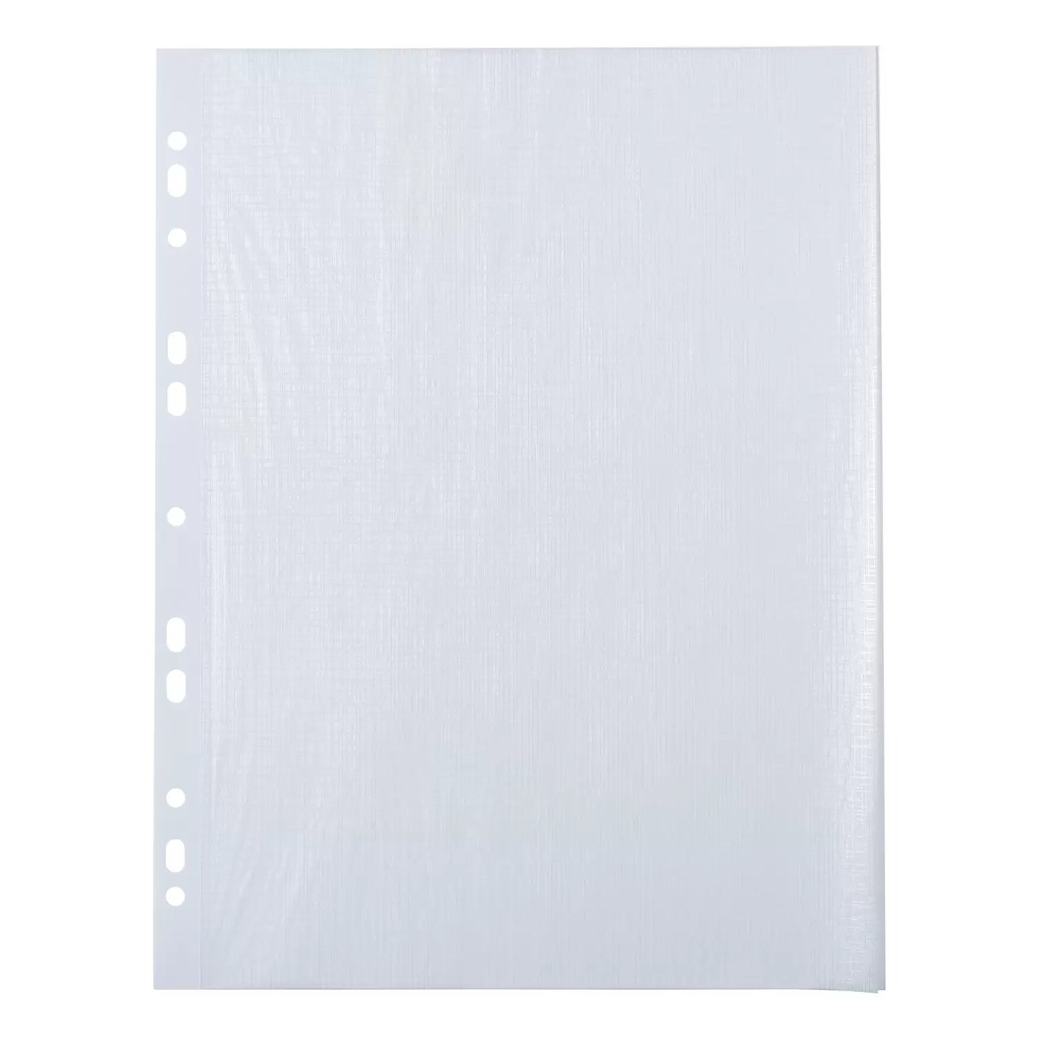 Weißer Kunststoff-Blatt-Schutz, mit Löchern am linken Rand. Das Blatt ist transparent.