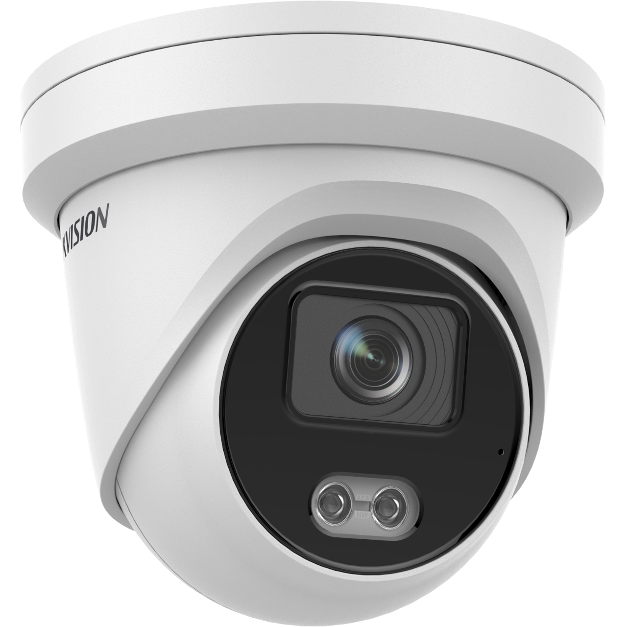 Biała kamera kopułkowa z czarnym obiektywem, logo HIKVISION.