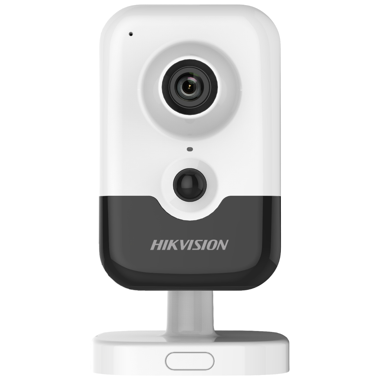 Telecamera di sicurezza bianca e nera con supporto. Obiettivo nero, corpo bianco e base nera. Logo HIKVISION.